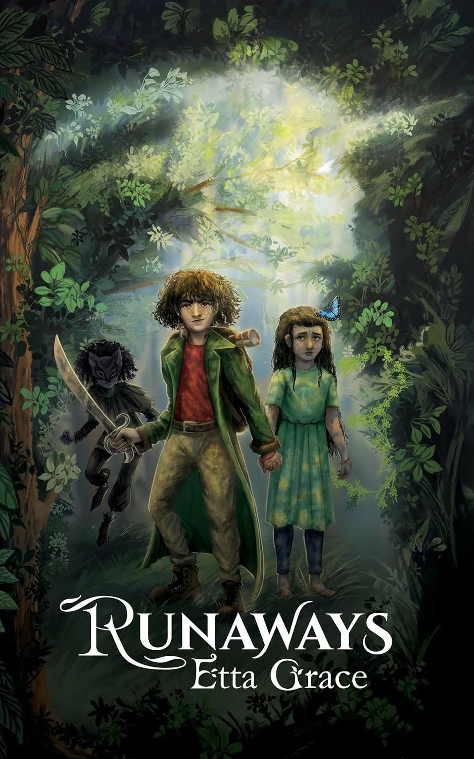Illustration of three characters walking through a lush green forest. The characters include a young man with curly hair holding a sword, a girl with a blue butterfly perched on her head, and a mysterious figure with a wolf-like mask. Light filters through the trees, creating a mystical atmosphere. The title 'Runaways' and the author's name 'Etta Grace' are at the bottom.