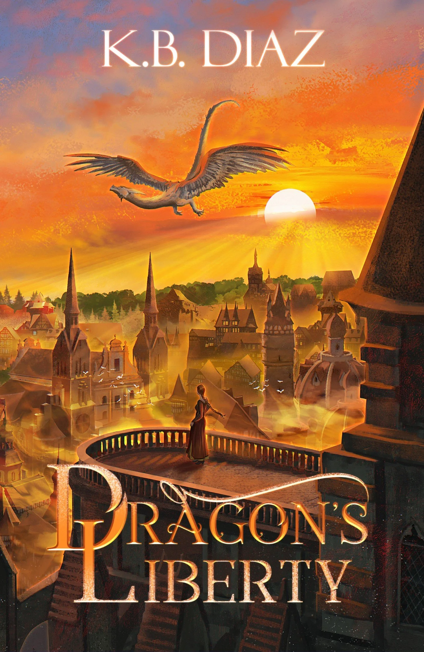 A fantasy scene featuring a city with tall, pointed buildings and towers at sunset. A woman stands on a balcony with a dragon flying in the sky, surrounded by vibrant orange and yellow clouds and a setting sun.