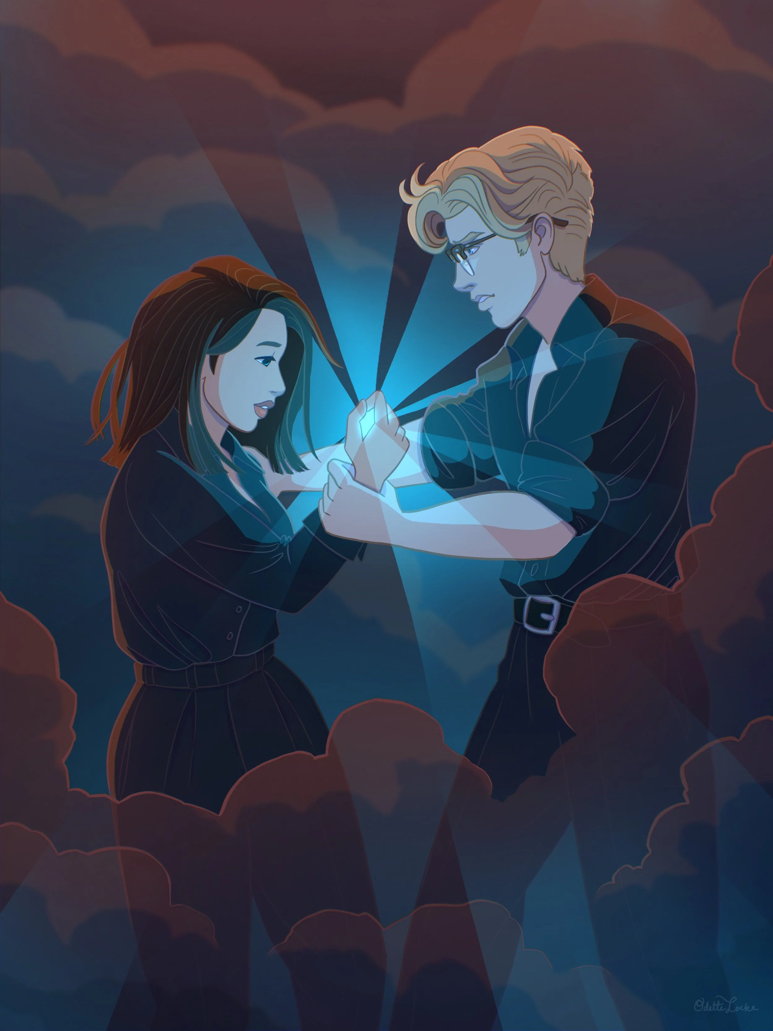 Smoke Scene - Emrah grabbing Kat while she holds the vials from Marigolds and Murder. Illustrated by Odette Locke.