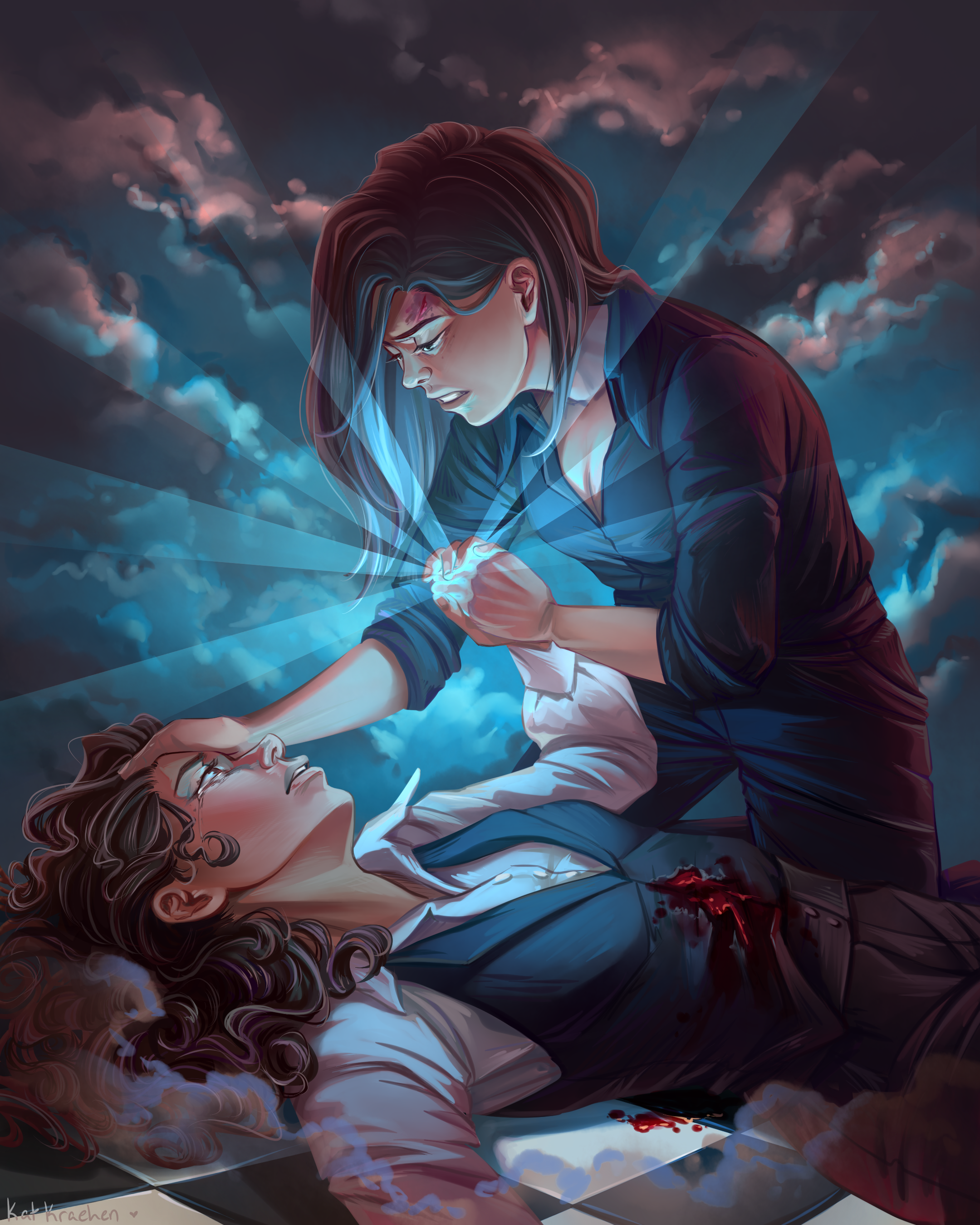 Light Scene - Kat saving Agent Esqueda from Marigolds and Murder. Illustrated by Kat Kraehen.