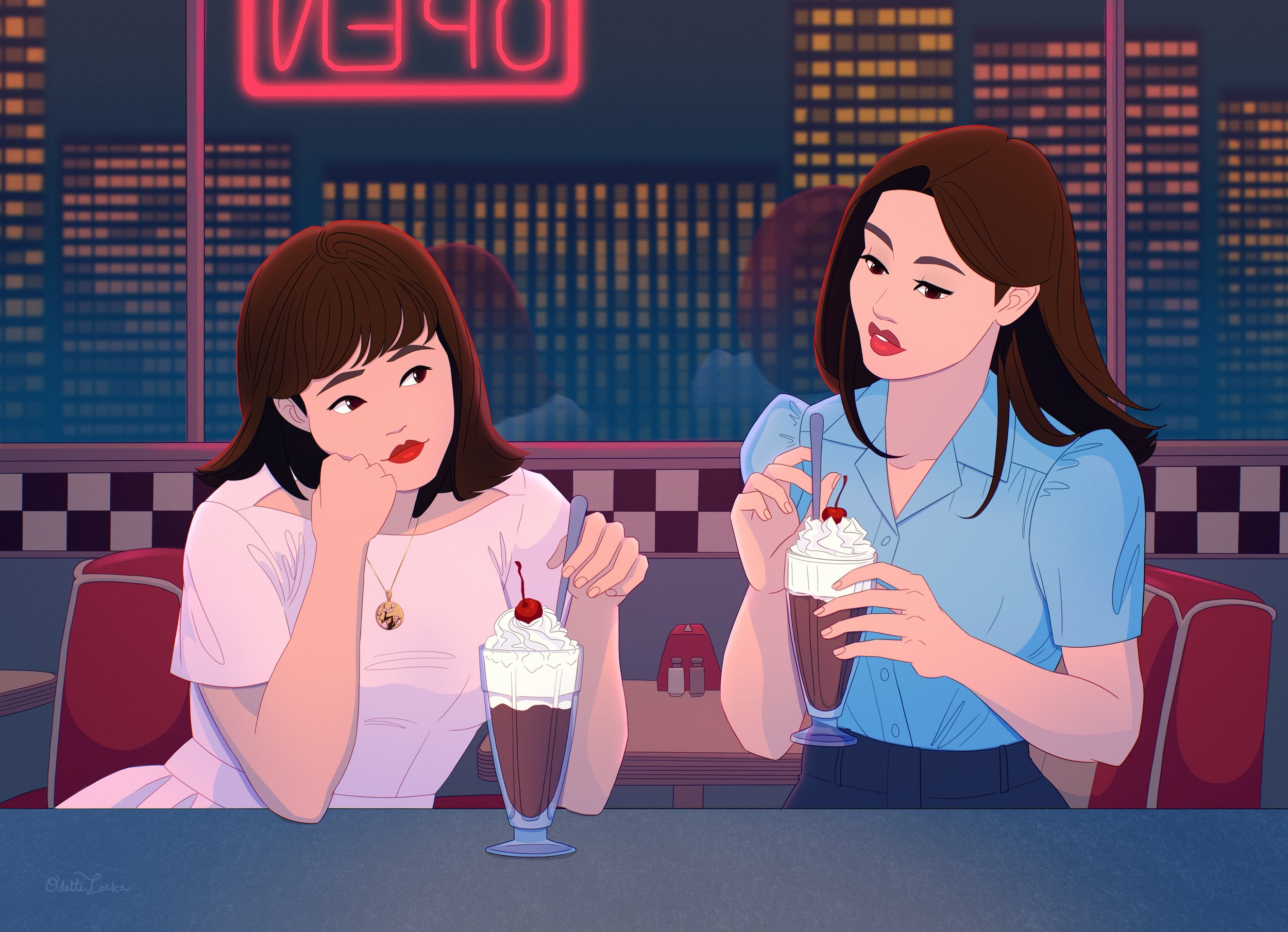 Milkshake Scene - Kat and Maiki getting milkshakes after dinner. Illustrated by Odette Locke.