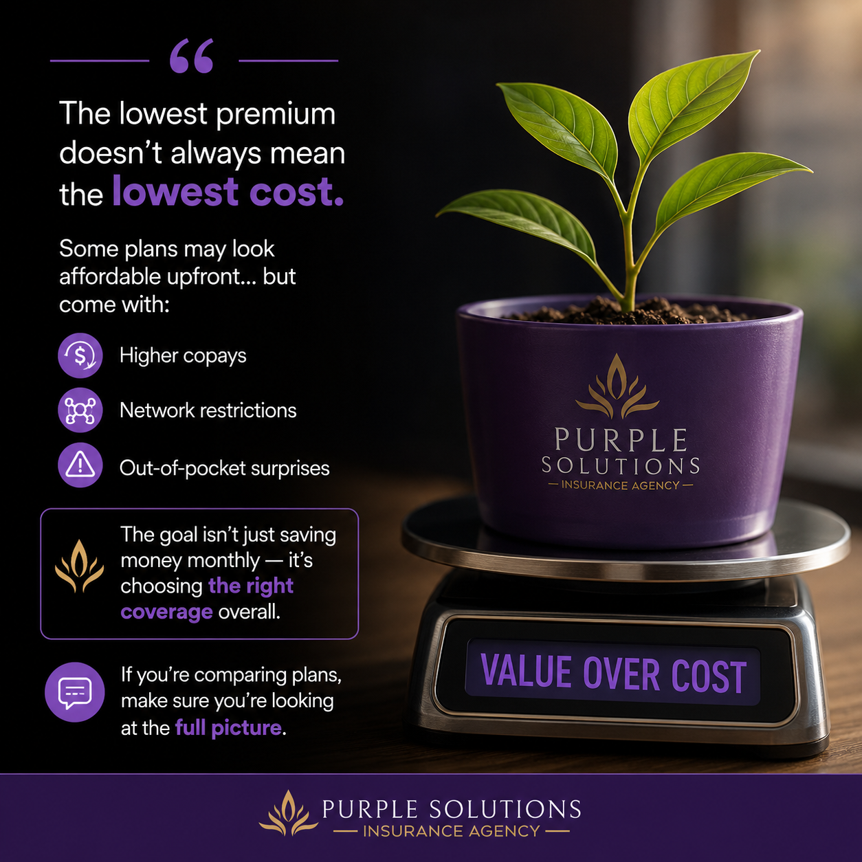 Medicare cost comparison graphic showing that the lowest premium does not always mean the lowest overall cost, highlighting copays, network restrictions, and out-of-pocket expenses with Purple Solutions Insurance Agency branding.