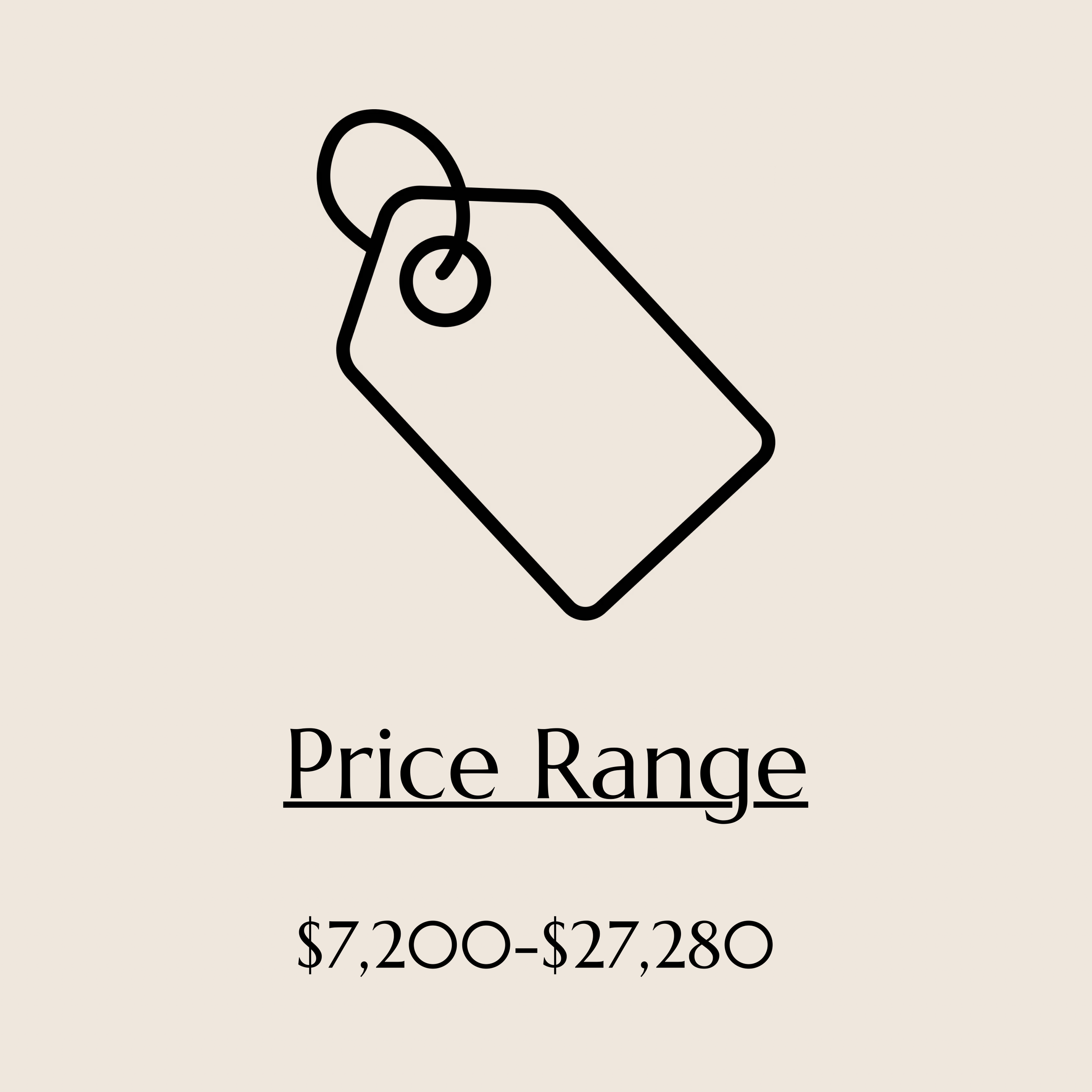 Minimalist line drawing of a price tag with a string loop and the text 'Price Range $7,200-$27,280' underneath.