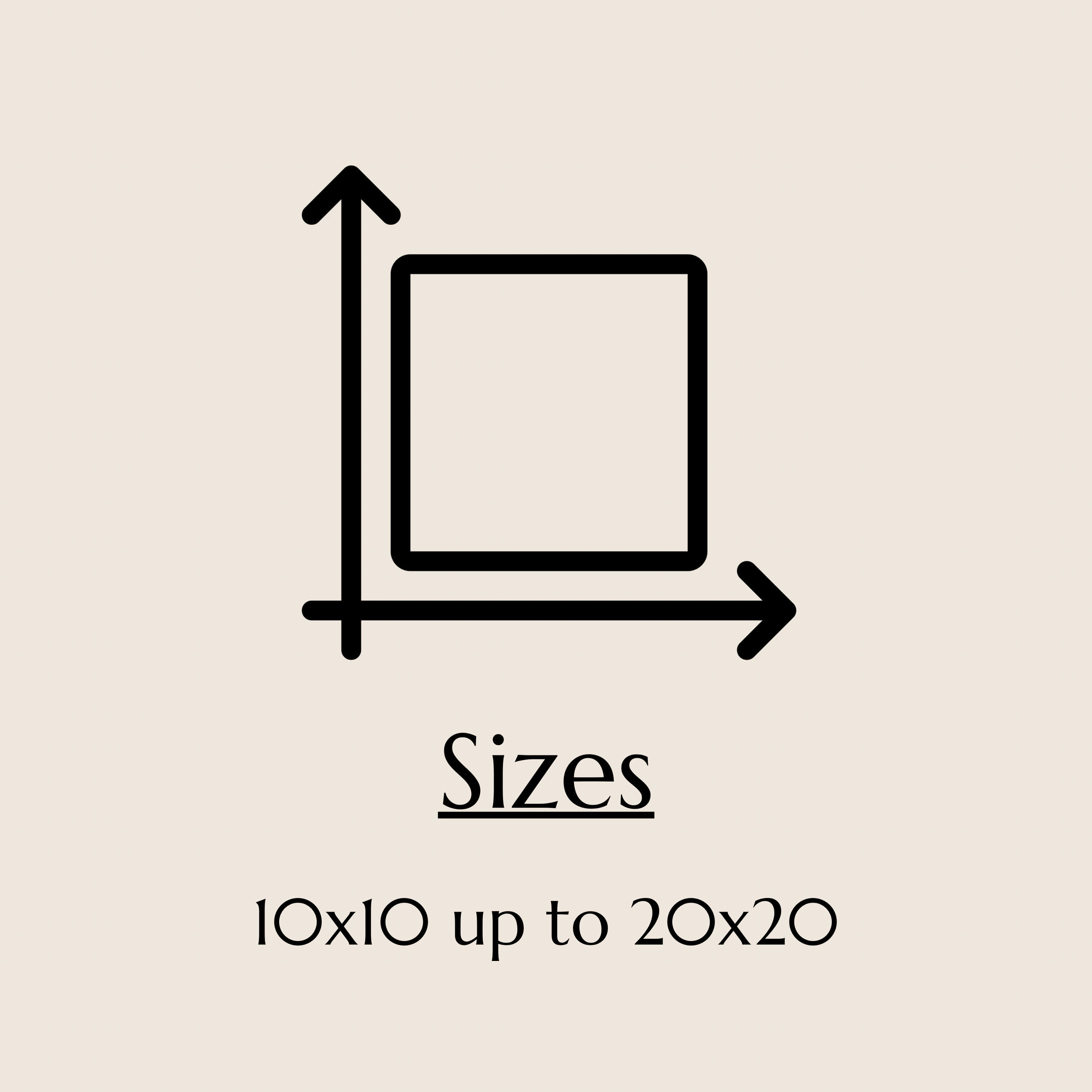 Graphic with a black outline of a grid with an arrow pointing upwards from the bottom left corner. The text reads, 'Sizes' and mentions 10x10 up to 20x20.'