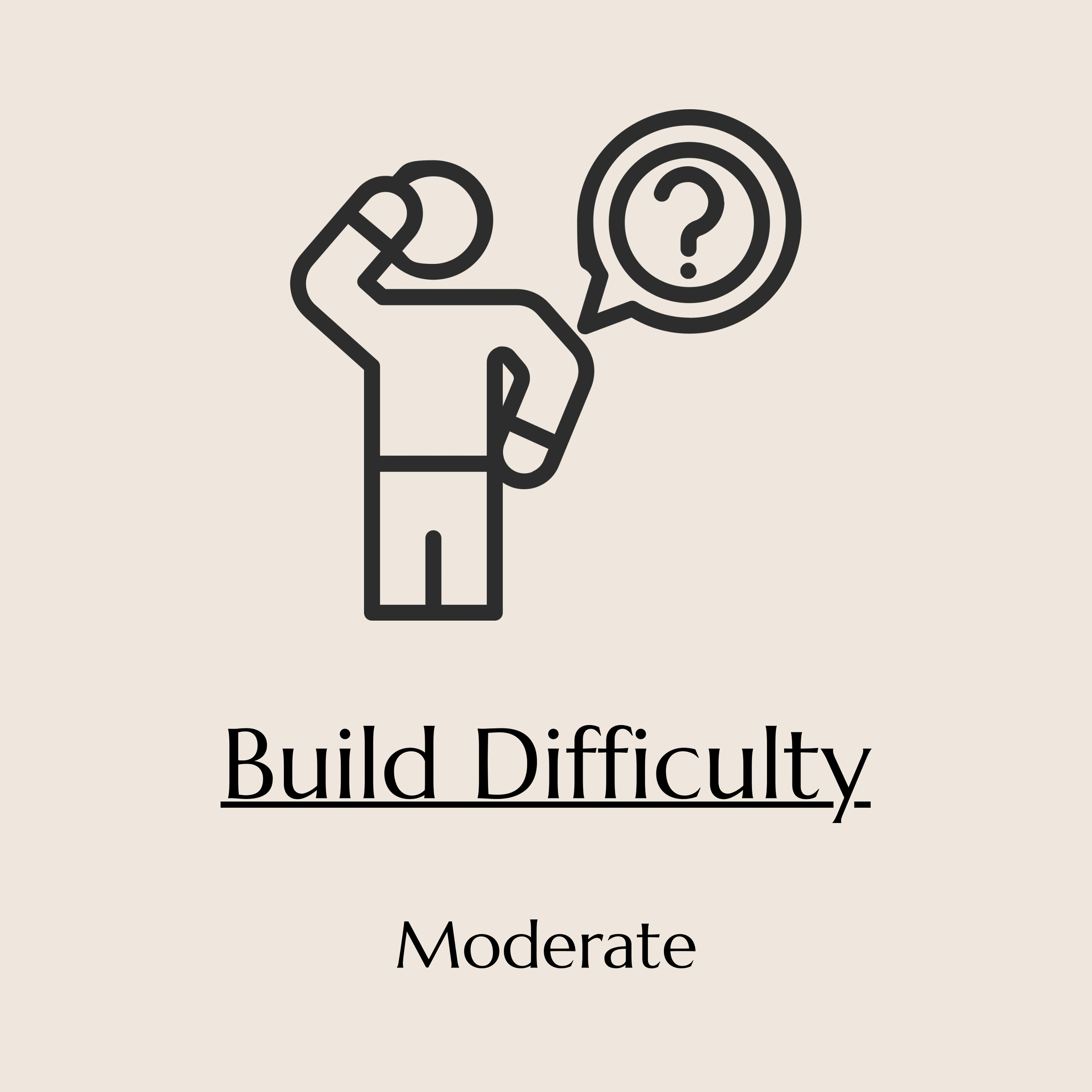 Illustration of a hand with a speech bubble containing a question mark next to it, and text reading "Build Difficulty" and styling options such as "Moderate".