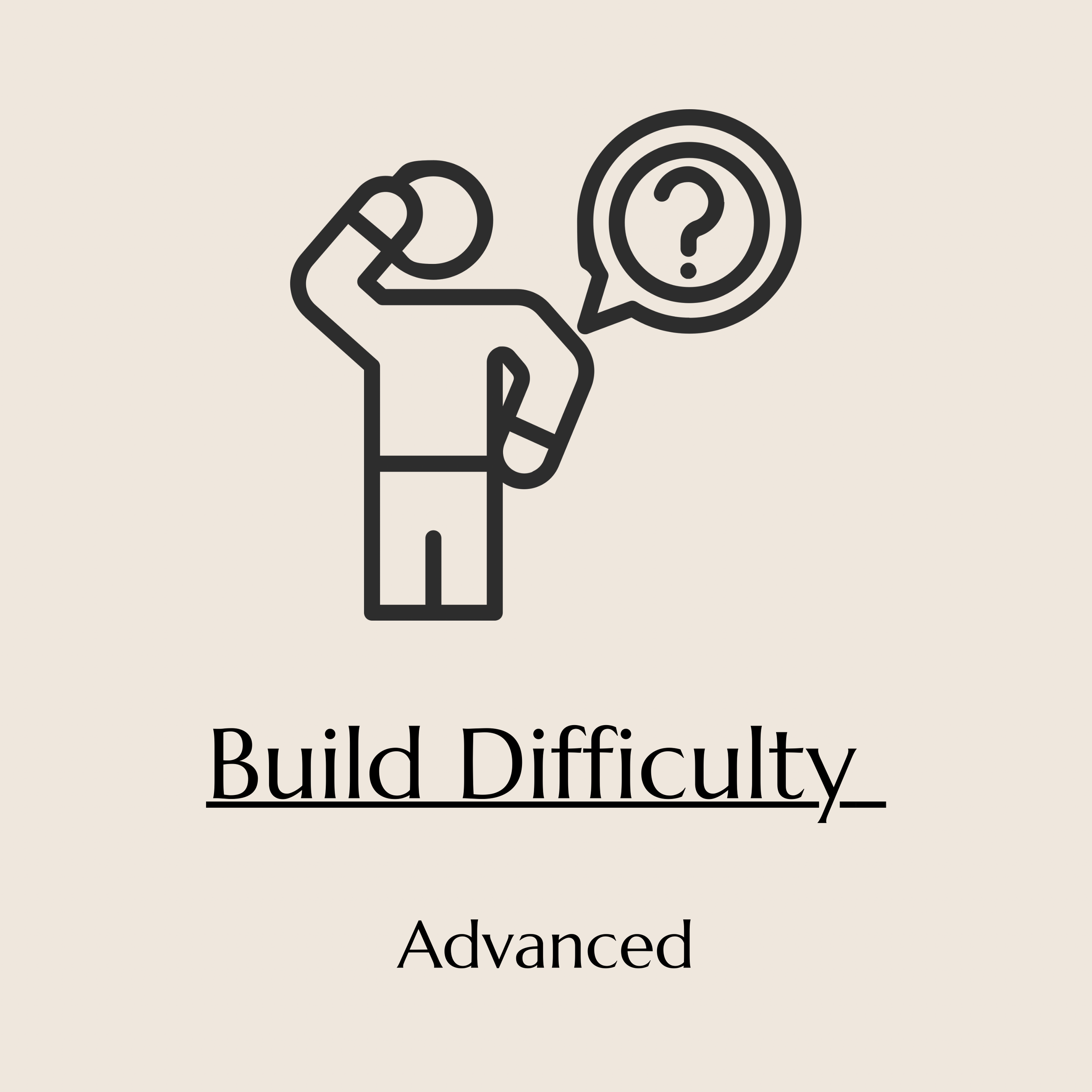 Line drawing of a hand holding a speech bubble with a question mark inside it, next to the text 'Build Difficultly' and 'Advanced'.