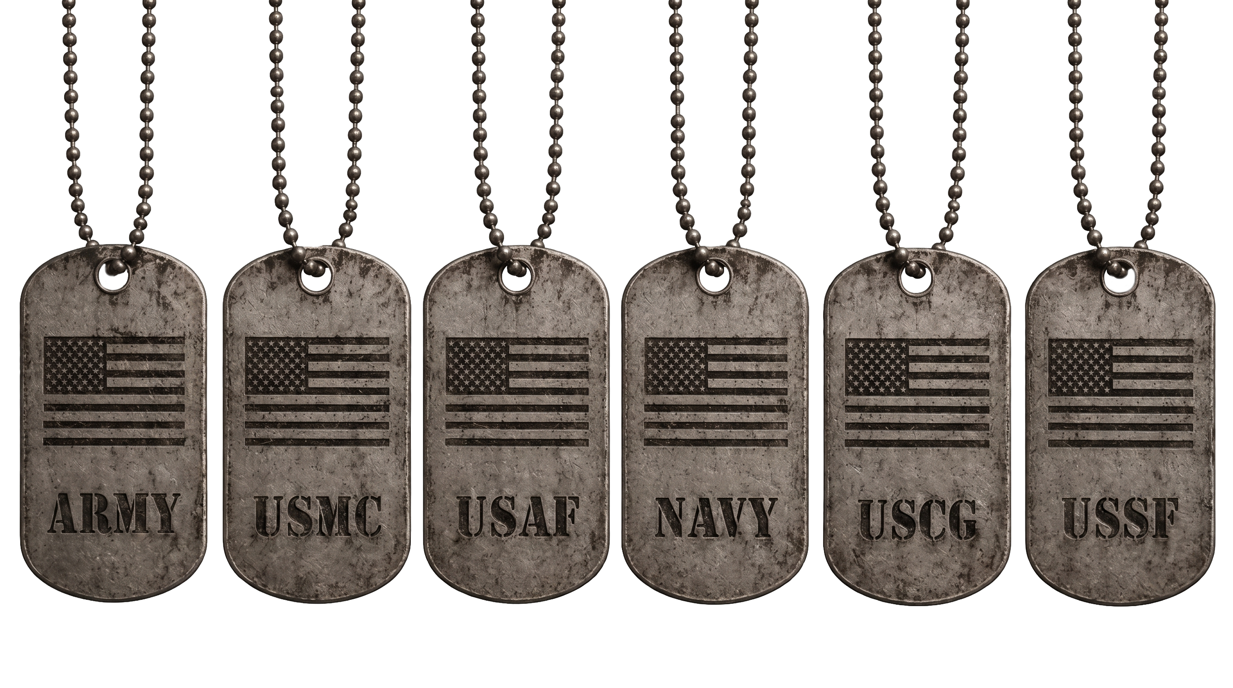 Six military dog tags with engraved country designations: Army, USMC, USAF, Navy, USCG, USSRF, hanging on ball chain necklaces.