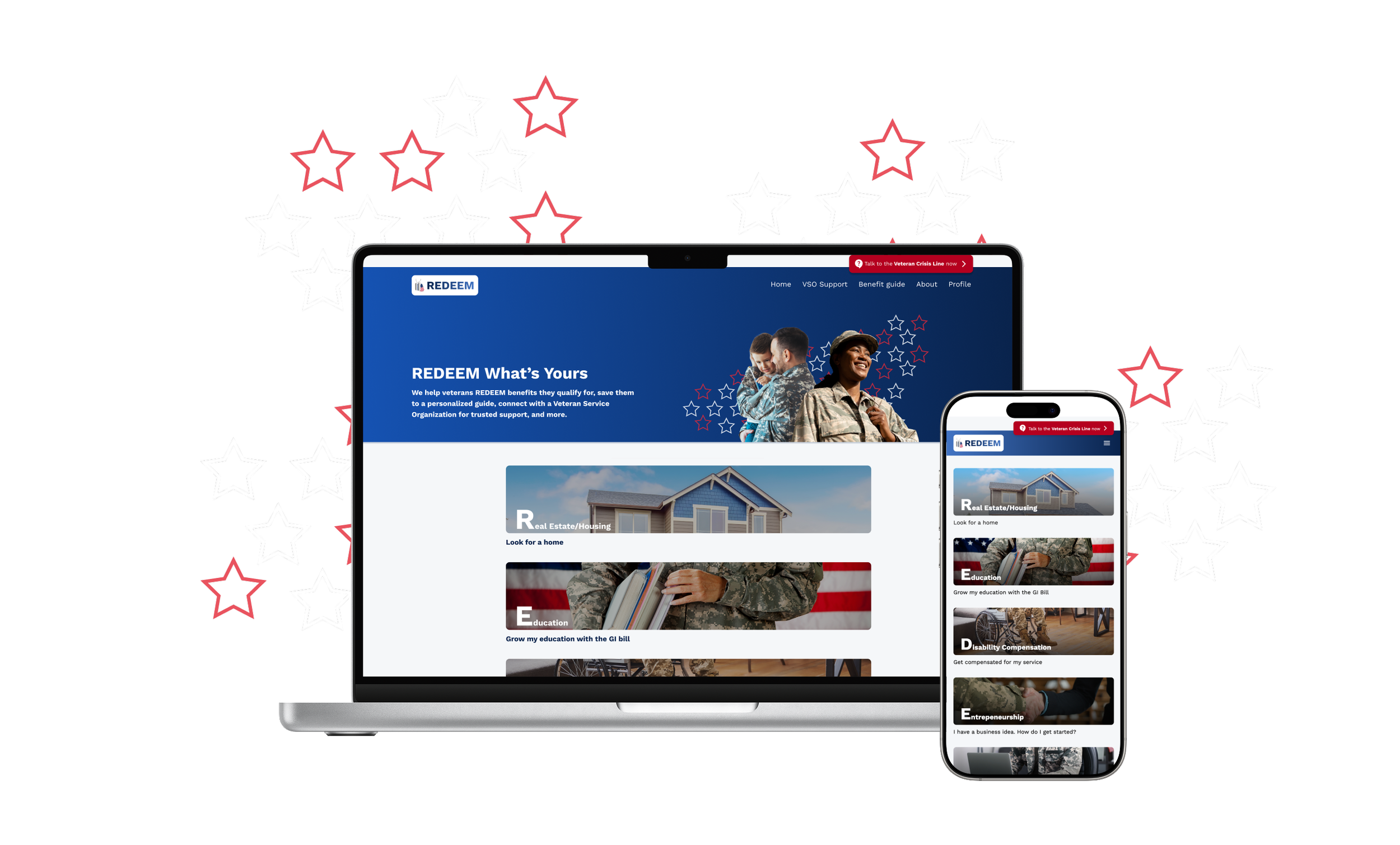 A computer and smartphone displaying a website for veterans benefits with patriotic red, white, and blue star graphics in the background.