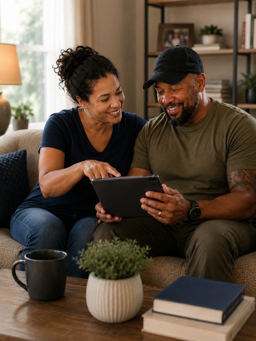 A woman and a man sitting on a couch, looking at a tablet together and smiling in a cozy living room.