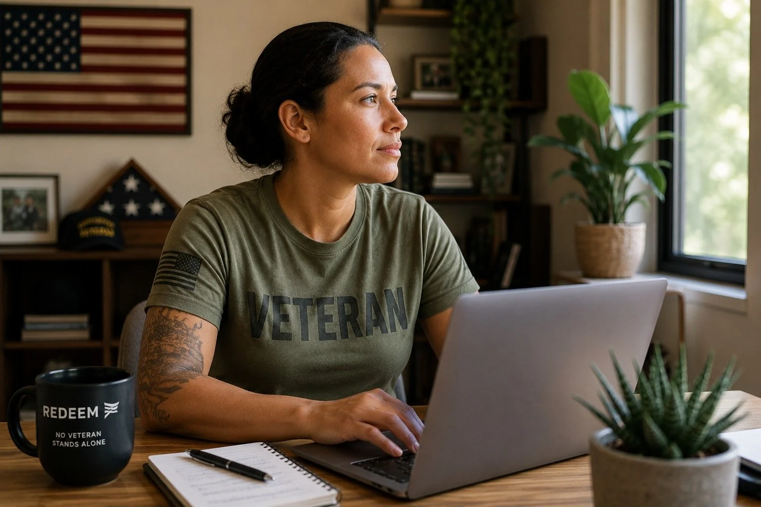 A woman with dark hair tied back, wearing a green T-shirt with "VETERAN" printed on it, sitting at a wooden desk using a laptop; a black mug with "REDEEM NO VETERAN STANDS ALONE" printed on it, a notebook, a pen, and a potted succulent plant on the desk; background includes an American flag and framed photos.
