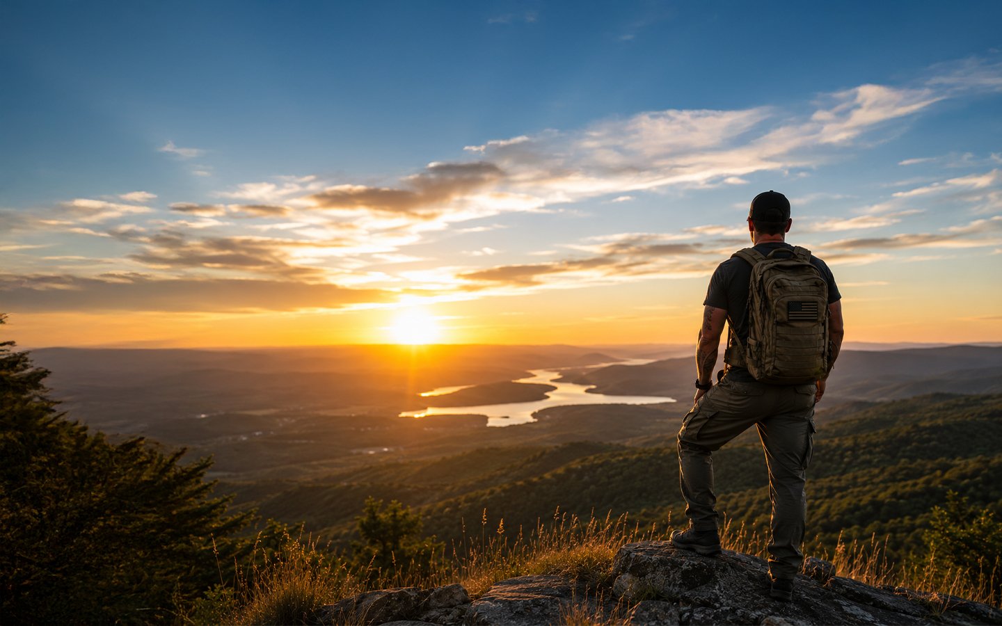 A man with a backpack standing on a rock overlooking a river valley at sunset.