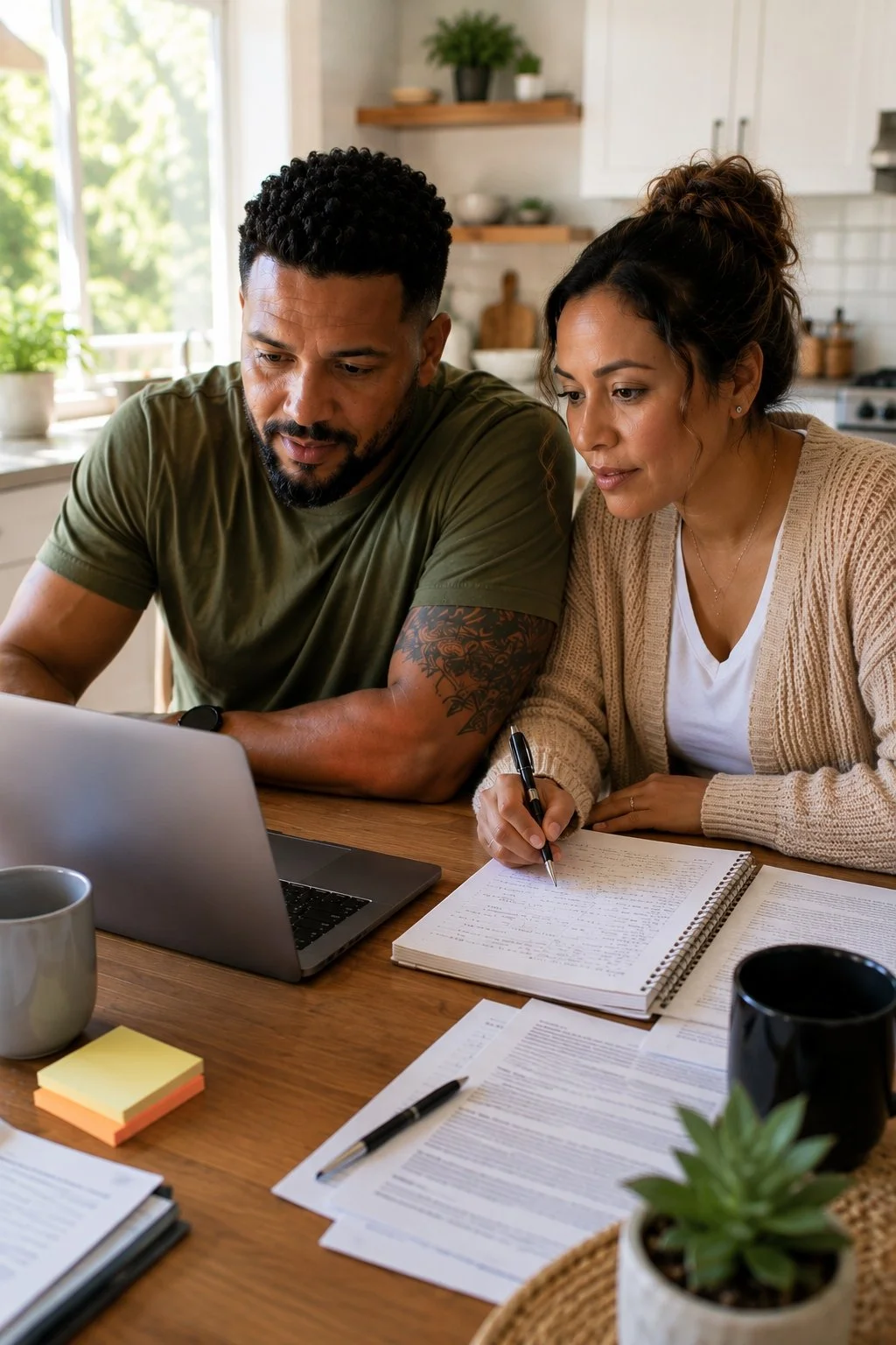 A man and woman working together at a wooden table in a bright kitchen, looking at a laptop screen, with notebooks, papers, and pens around them.