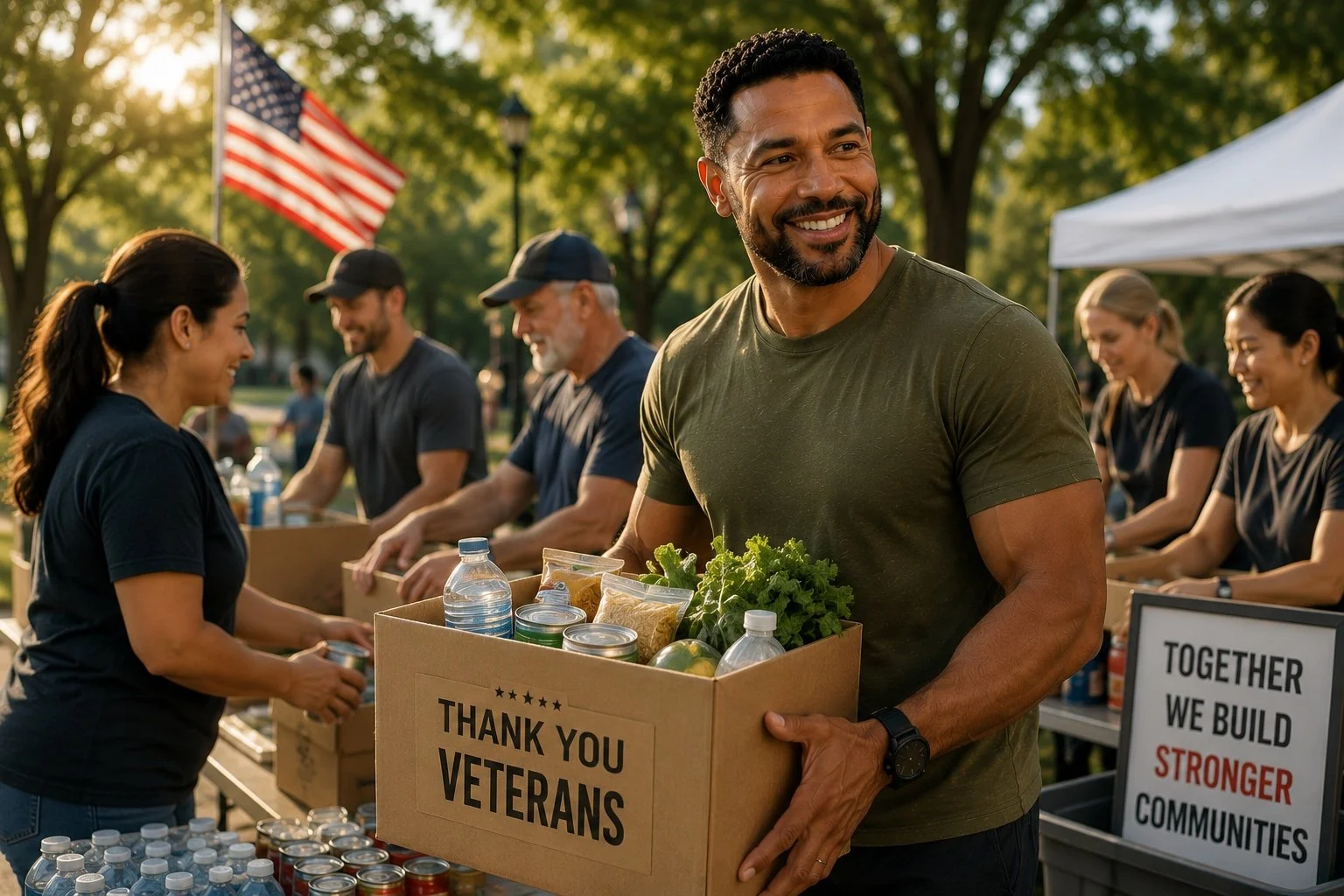 Man holding a box labeled "Thank you Veterans" at a community event with people serving food and an American flag in the background.