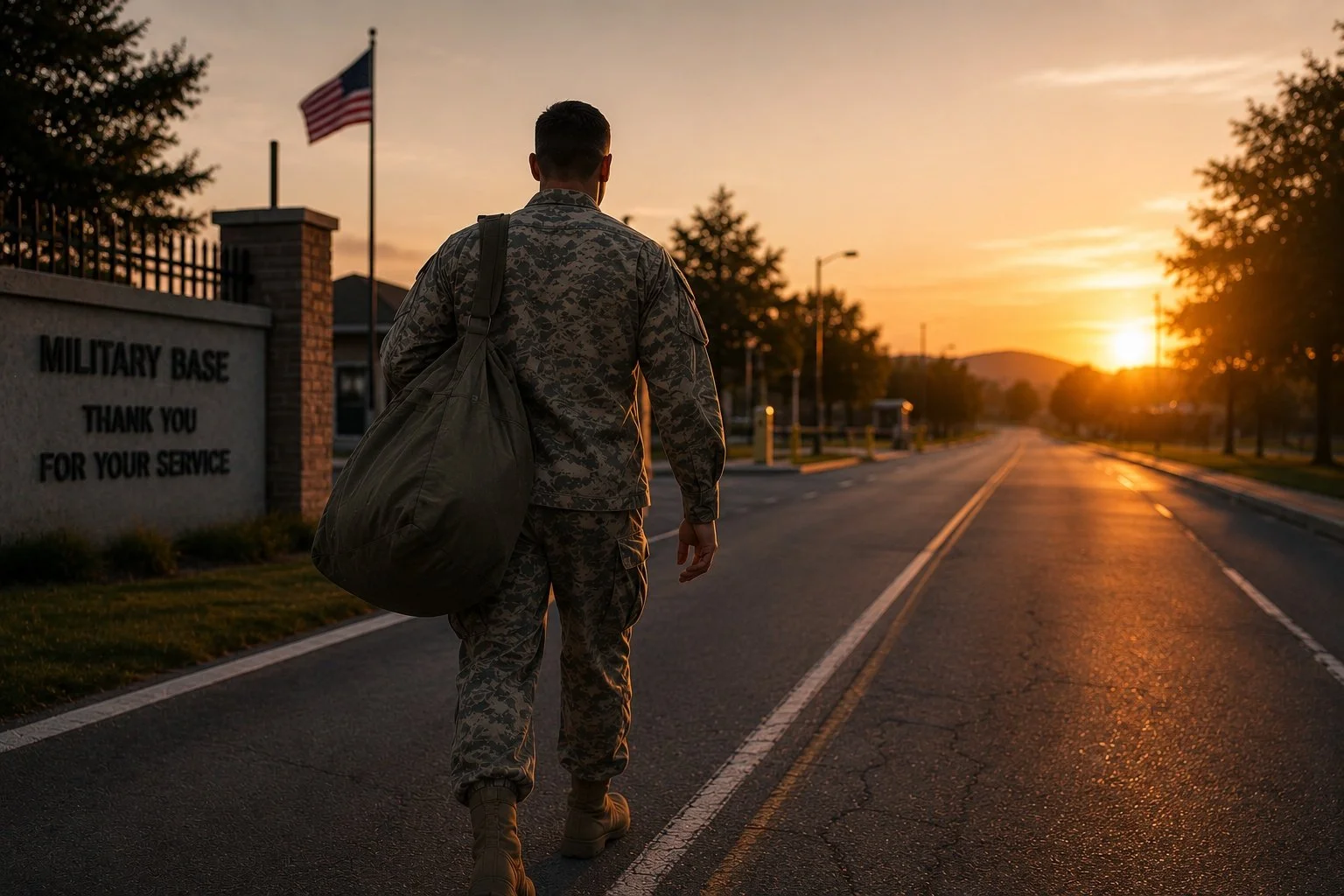 A soldier in camouflage uniform walking away from the camera at sunset on a military base, carrying a large duffel bag, with an American flag and a sign reading 'Military Base Thank You For Your Service' visible on the left.