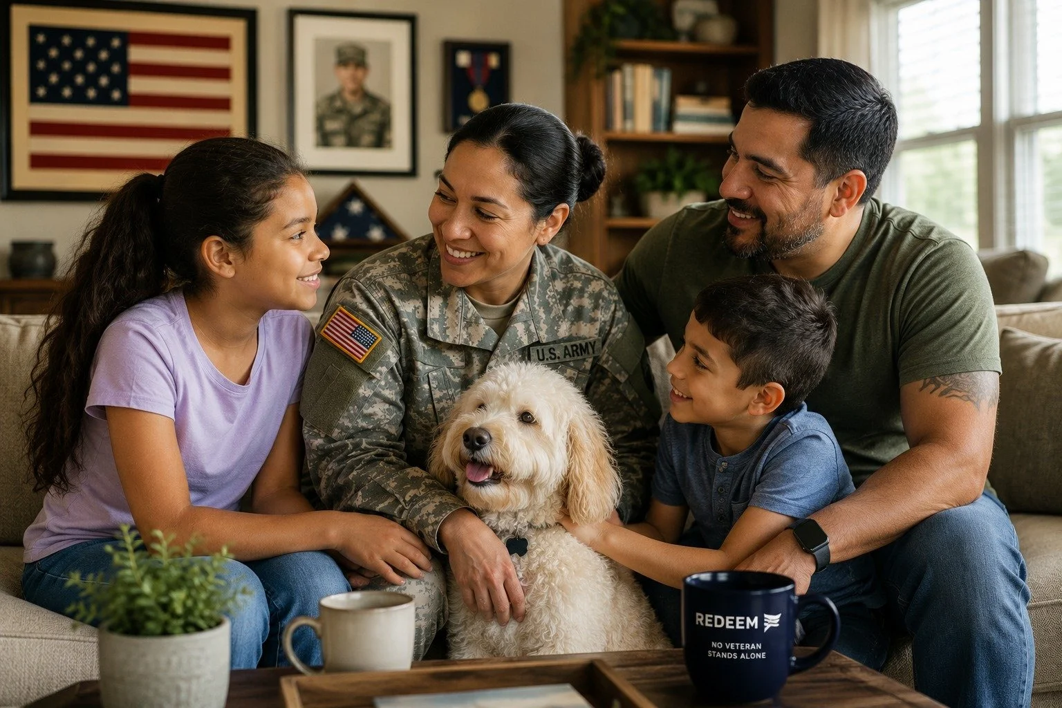 A military woman in uniform sitting on a couch with her family and a service dog, smiling. The family includes two children, a girl and a boy, and a man. They are in a living room decorated with patriotic items and photos.