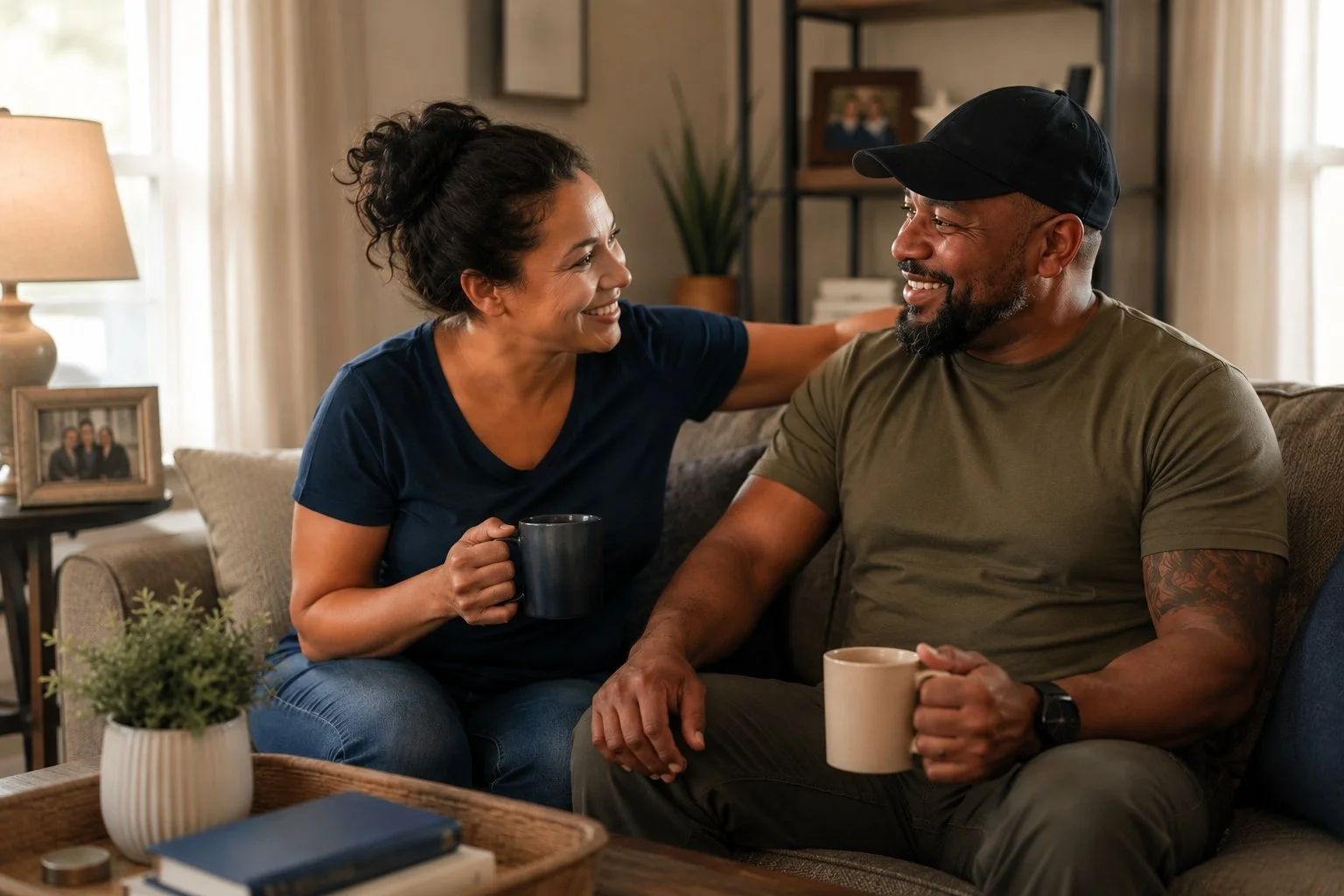 A woman and a man sitting on a couch, smiling at each other, holding coffee mugs in a cozy living room.