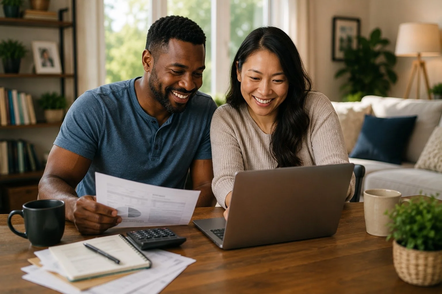 A smiling couple sitting at a wooden table, looking at a laptop screen. The man holds a document, and there are notebooks, a calculator, and a coffee mug on the table. The room is cozy with a bookshelf, plants, and framed pictures in the background.