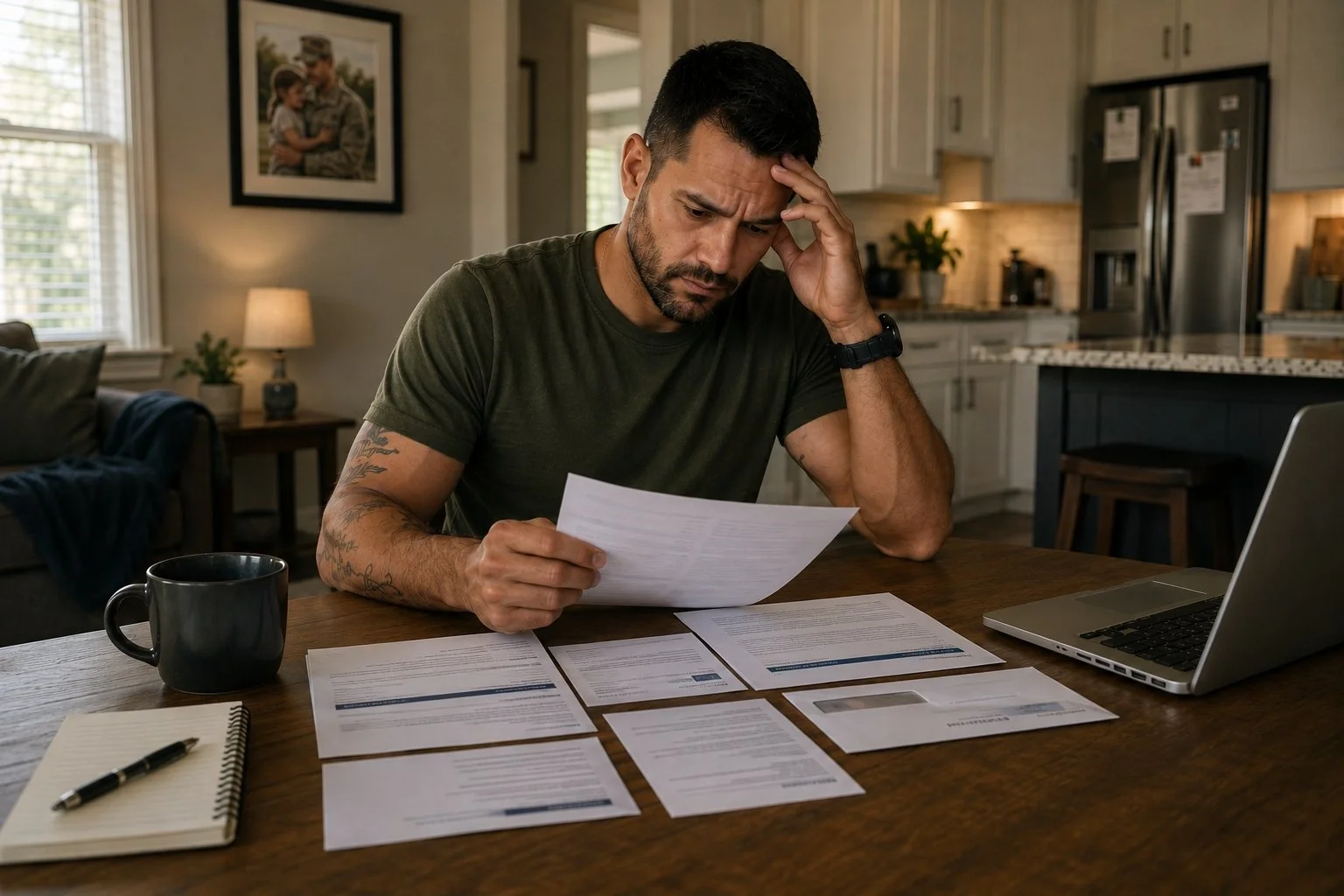 Man sitting at a kitchen table examining documents with a laptop, coffee mug, notepad, and pen, looking concerned.