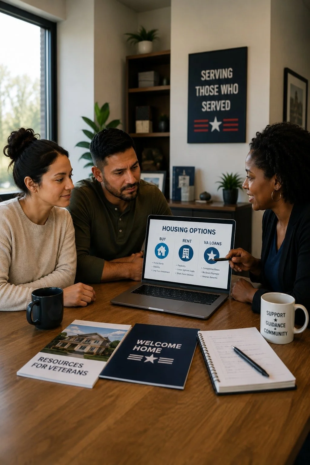Three people having a consultation about housing options, with a laptop displaying options to buy, rent, or get VA loans. A woman points to the screen.