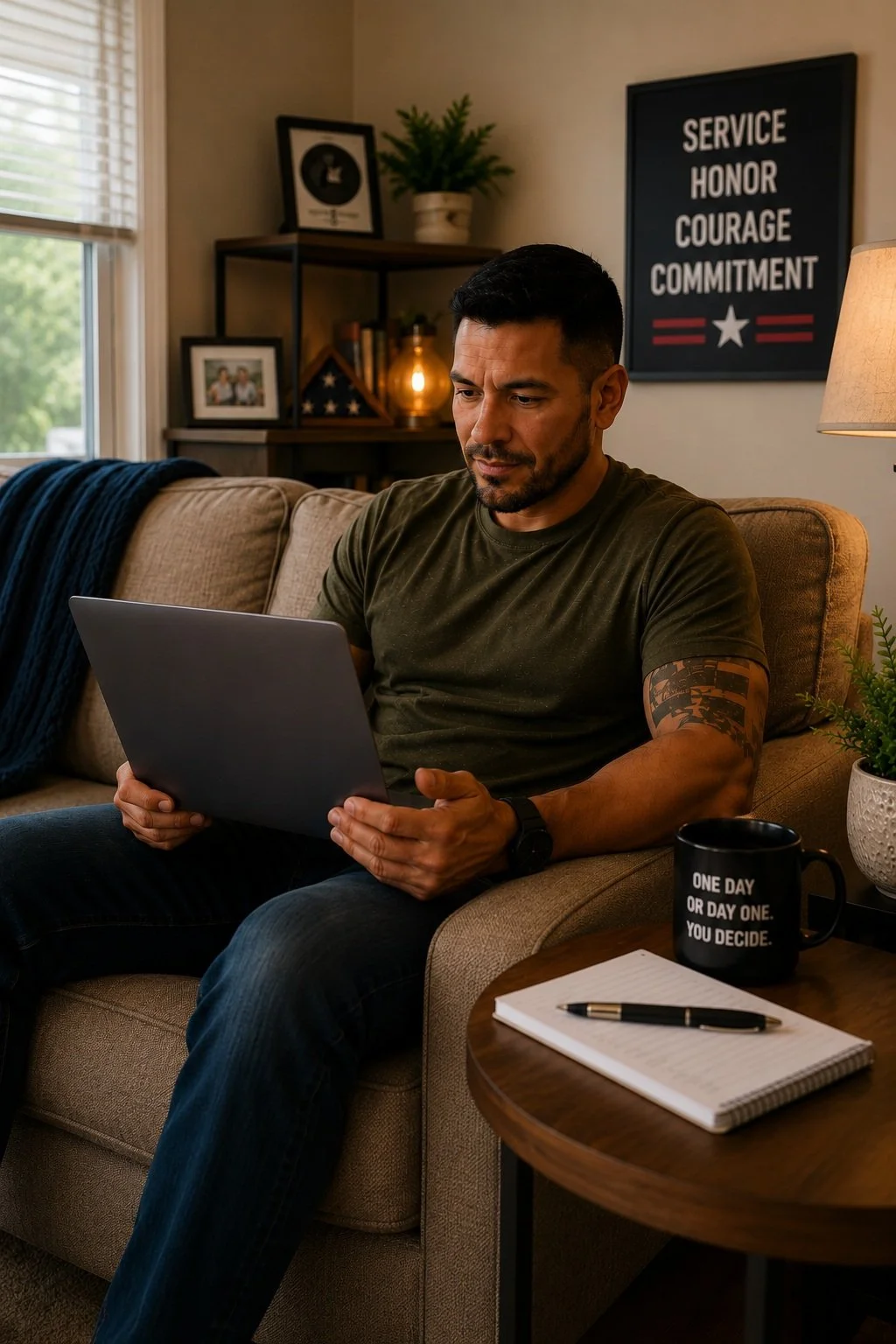 Man sitting on a beige couch, looking at a laptop, with a black coffee mug, a notebook, and pen on a side table. Behind him, a wall with a patriotic sign and a shelf with framed pictures, a plant, and a gold lamp.