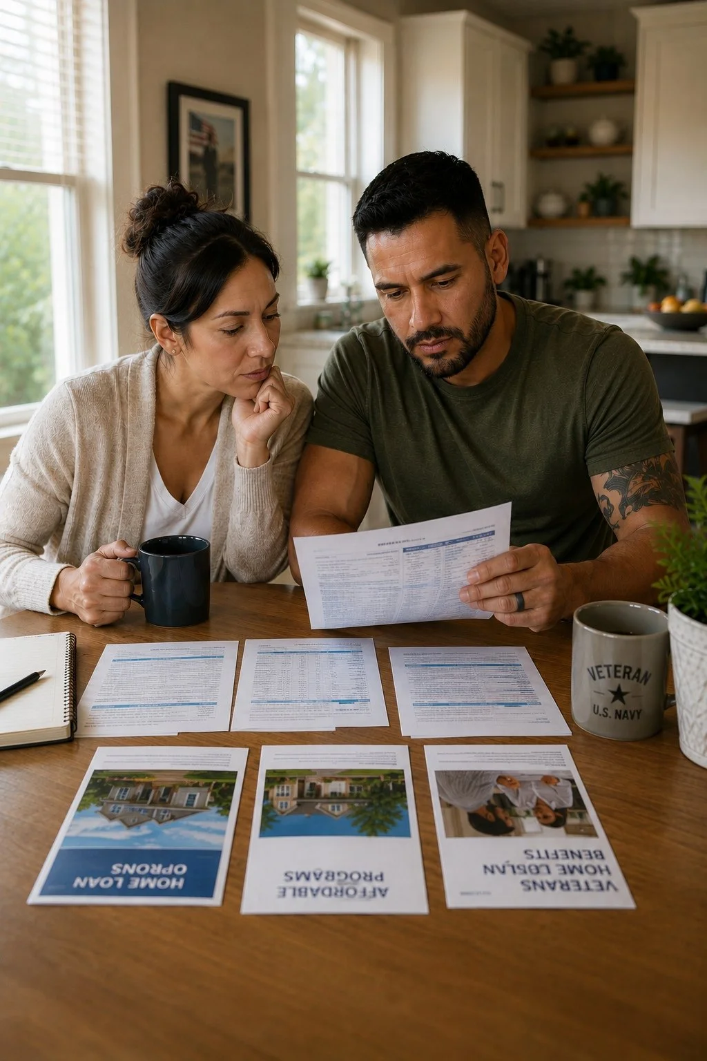 A couple sitting at a table looking at documents, with real estate flyers for homes and an open house flyer, in a bright kitchen.