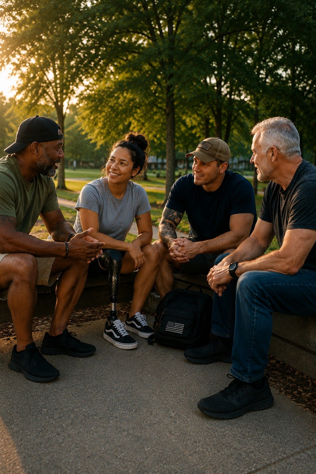 Four diverse people, including a woman with a prosthetic leg, sitting on a park bench and talking. The group includes two men with gray hair, a man in a baseball cap, and a woman with a messy bun. Trees and sunlight are in the background.
