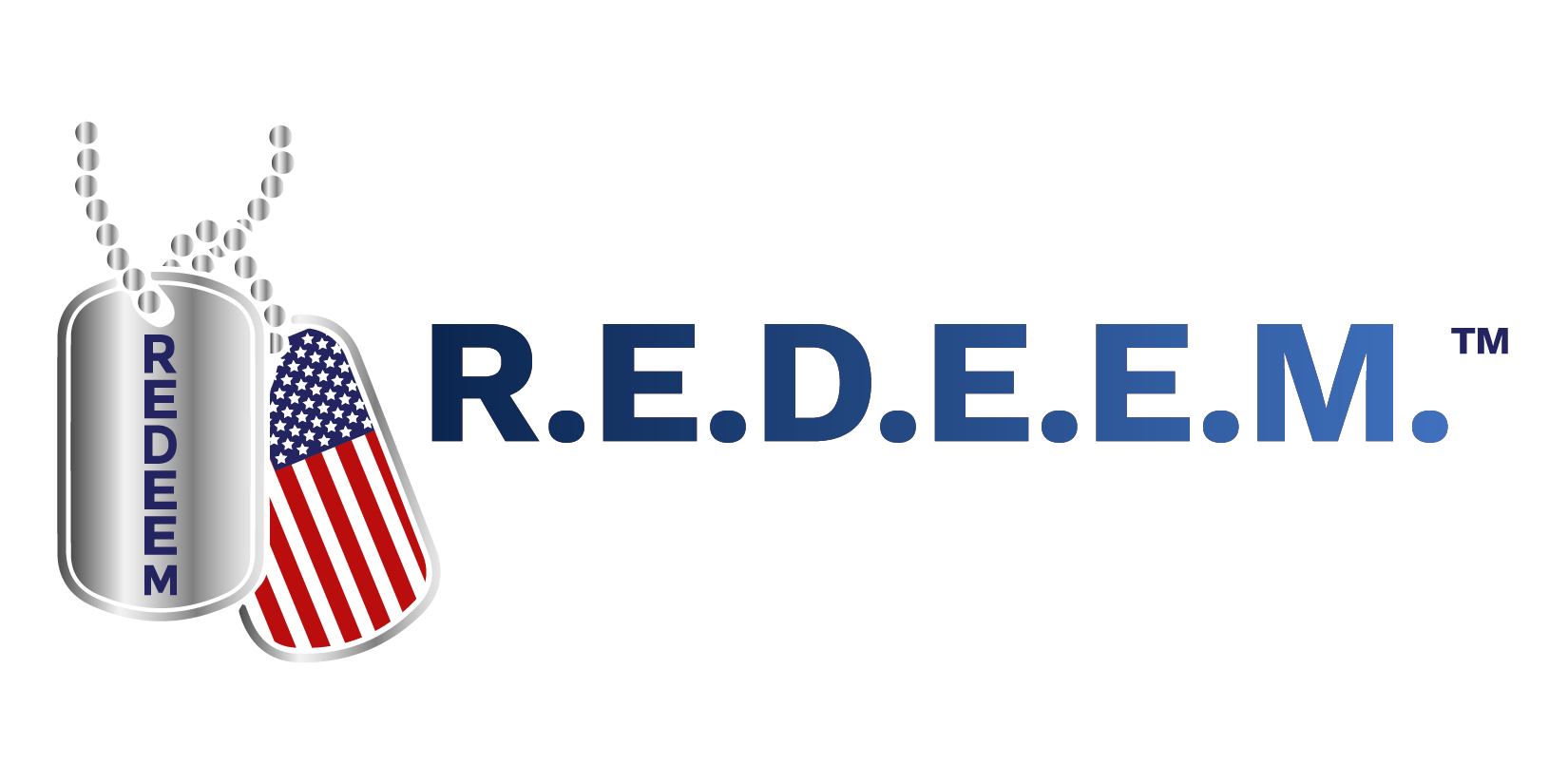 Logo with military dog tags, one with the American flag design and the other with the word 'REDEEM,' and the text 'R.E.D.E.E.M.' in bold blue letters.
