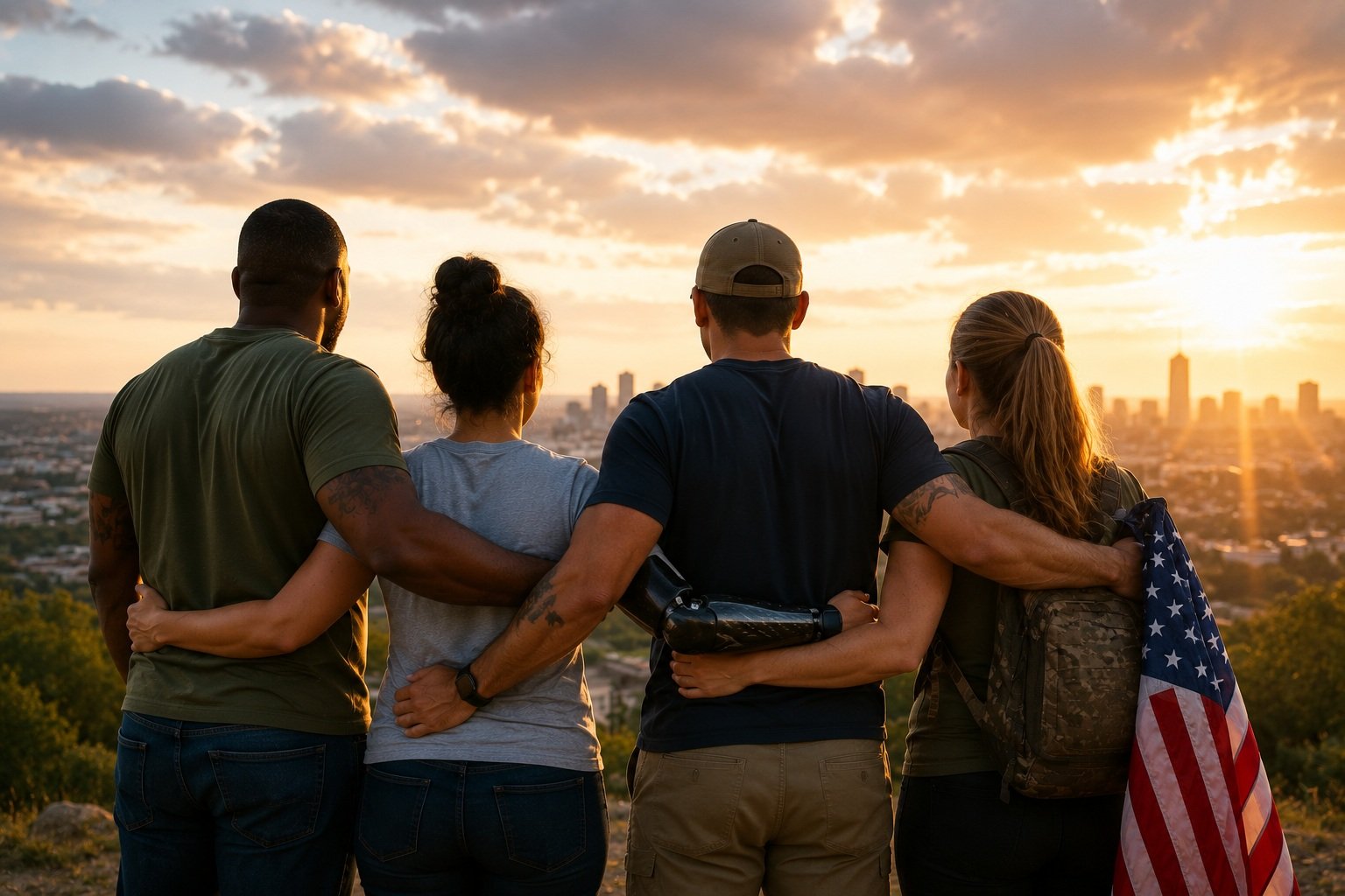 Four friends, two men and two women, stand with arms around each other overlooking a cityscape at sunset. One woman is holding an American flag. The scene is backlit by the setting sun.
