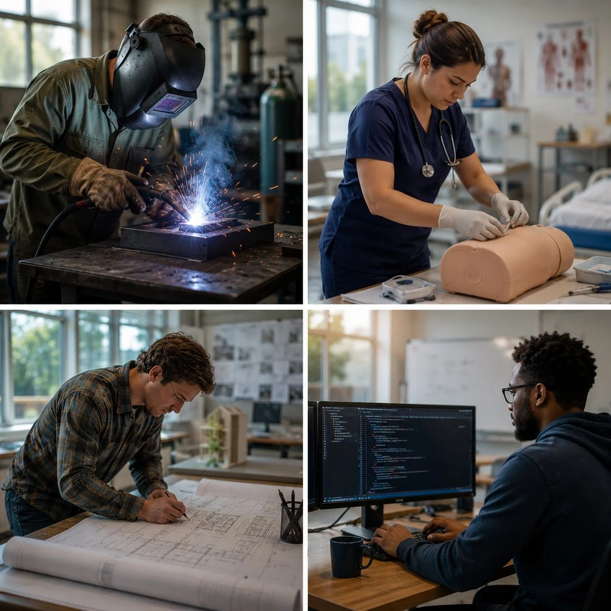 Top left: Welder working with sparks flying in a workshop. Top right: Nurse or medical technician preparing medical simulation with a medical training dummy. Bottom left: Architect working on blueprints at a desk. Bottom right: Software programmer coding on a computer.