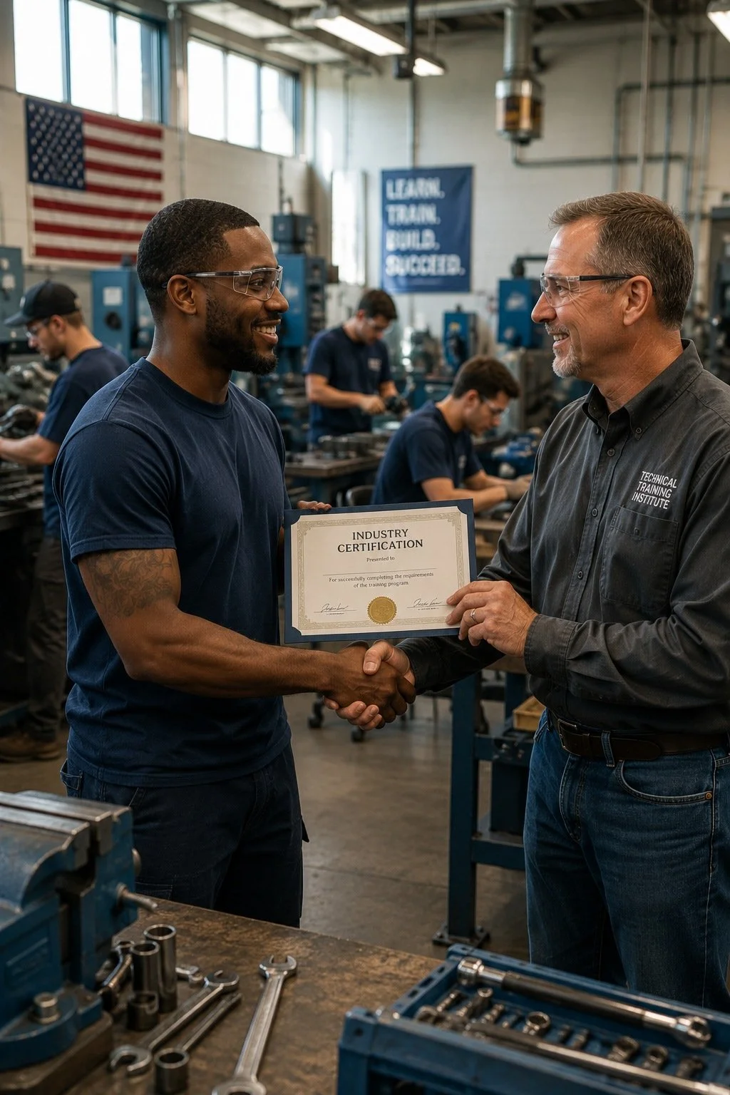 A young man receiving an industry certification in a factory or workshop from an older man. Both are smiling and shaking hands. Several others work in the background with manufacturing tools and equipment. An American flag and a blue banner with training slogans are visible on the wall.