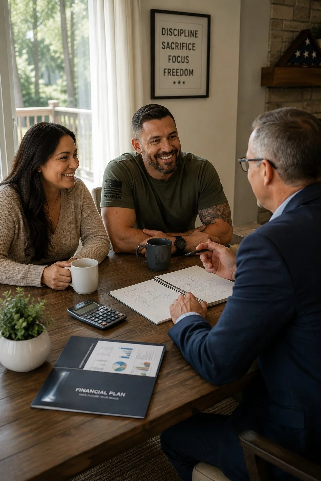 Three people having a meeting at a wooden table in a cozy room, with a document titled 'Financial Plan' and charts, a calculator, and coffee mugs, while a man in a suit discusses with a man and woman in casual attire.