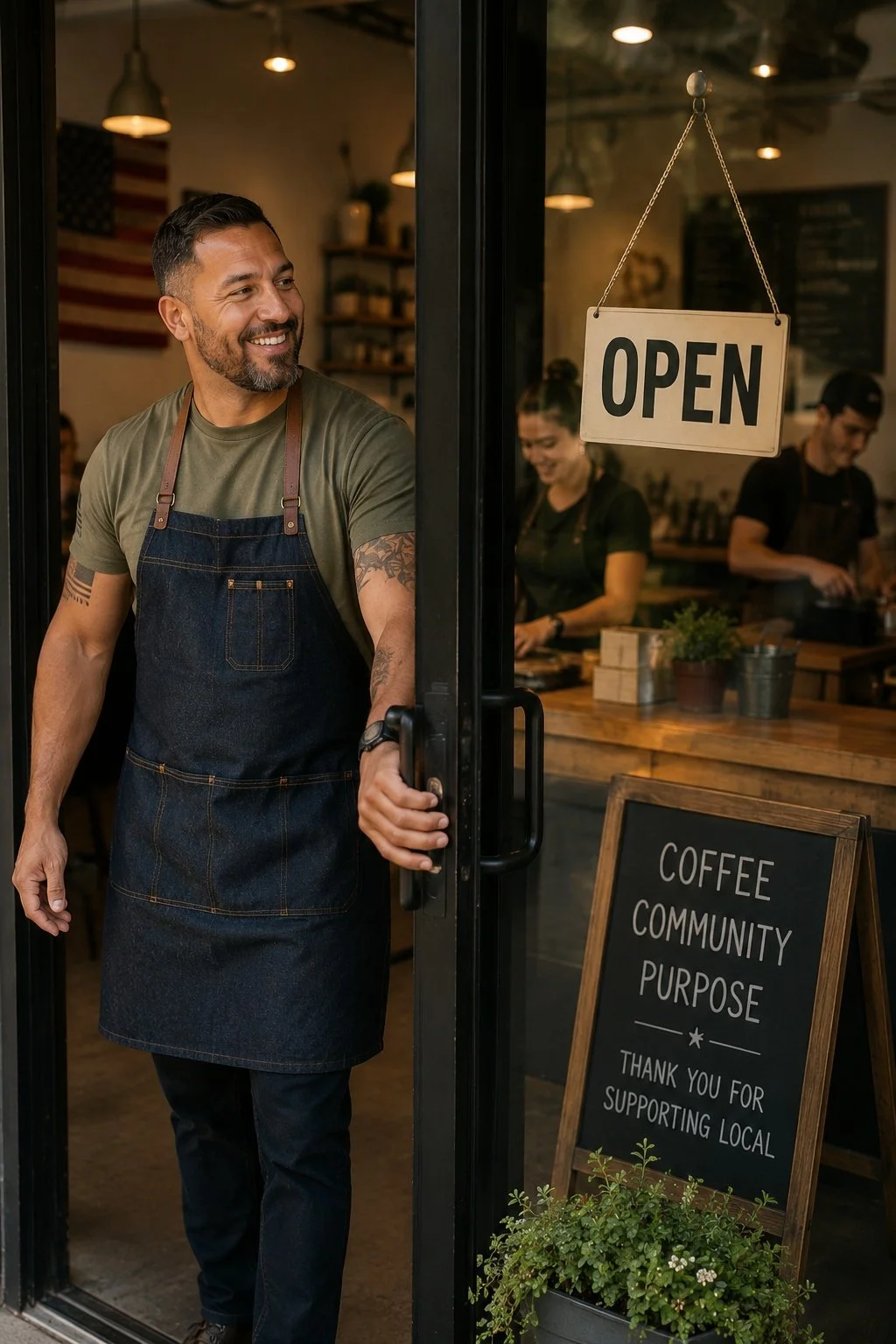 Smiling man with tattoos on arm and beard wearing an apron stands in the doorway of a coffee shop, holding the door handle. Inside, employees prepare drinks behind the counter. An 'Open' sign hangs on the door, and a chalkboard sign outside thanks customers for supporting local businesses.