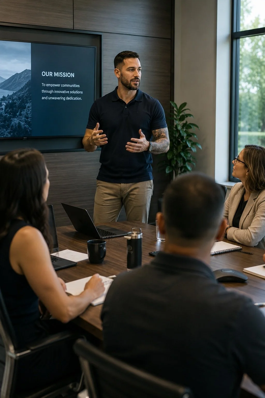 A man giving a presentation to a group of people in a conference room with a large window and a screen displaying his company's mission statement.