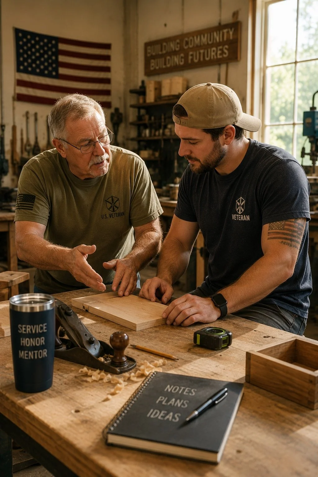 An older man and a younger man in a woodworking workshop, both wearing military veteran t-shirts, discussing a piece of wood on the worktable. The workshop features American flags, woodworking tools, and a window letting in natural light.