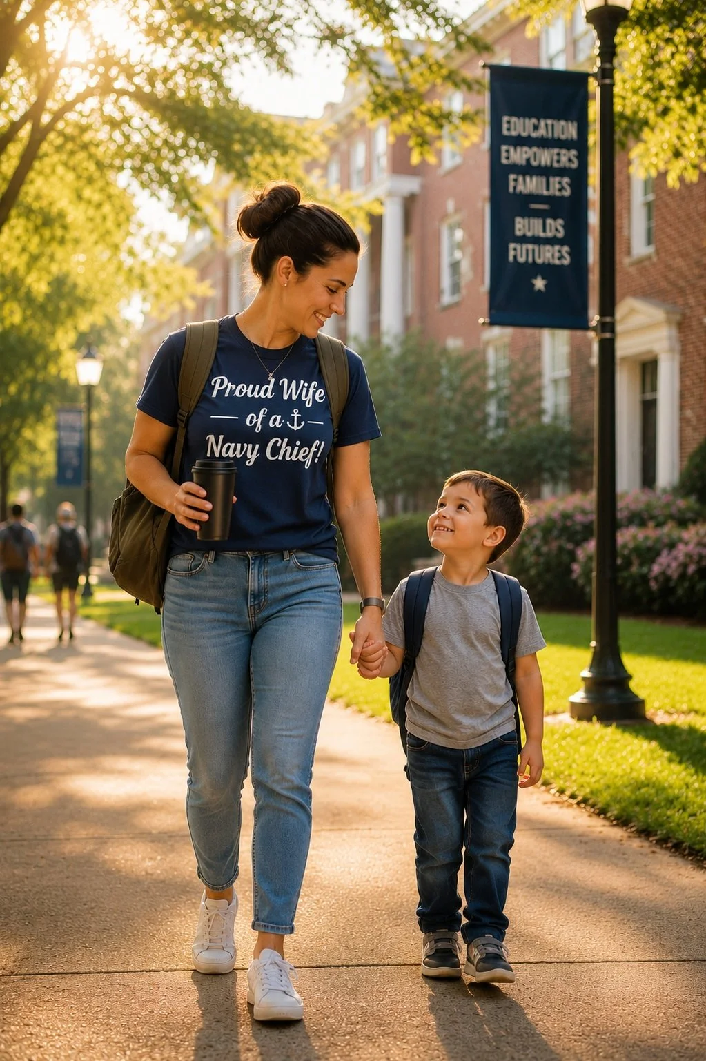 A woman and young boy walking hand in hand on a college campus, smiling at each other, with a blue banner in the background that reads 'Education Empowers Families Builds Futures'. The woman is wearing a navy T-shirt that says 'Proud Wife of a Navy Chief!', jeans, and white sneakers, and the boy is wearing a gray T-shirt, jeans, and sneakers. The scene is bathed in warm sunlight, with trees and brick buildings around.