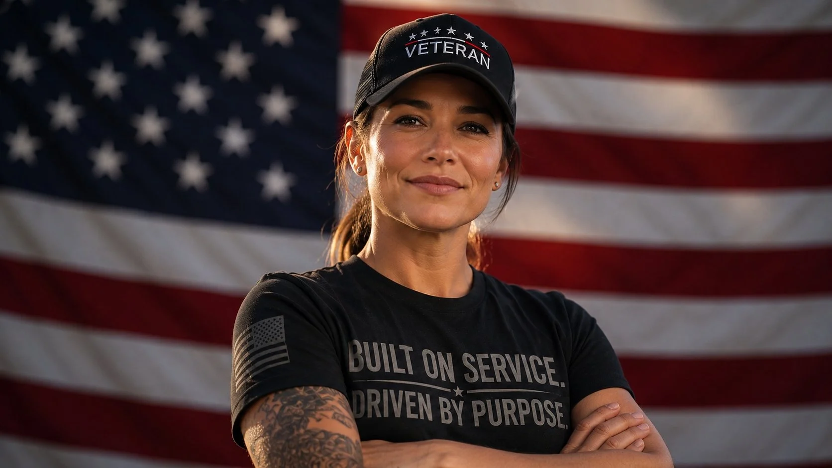 Woman wearing a black baseball cap with 'Veteran' embroidered on it, in front of an American flag, crossing her arms and smiling.