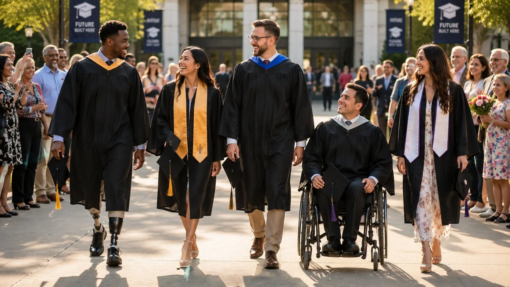 Group of diverse graduates in caps and gowns walking together at graduation ceremony with cheering crowd and banners in the background.