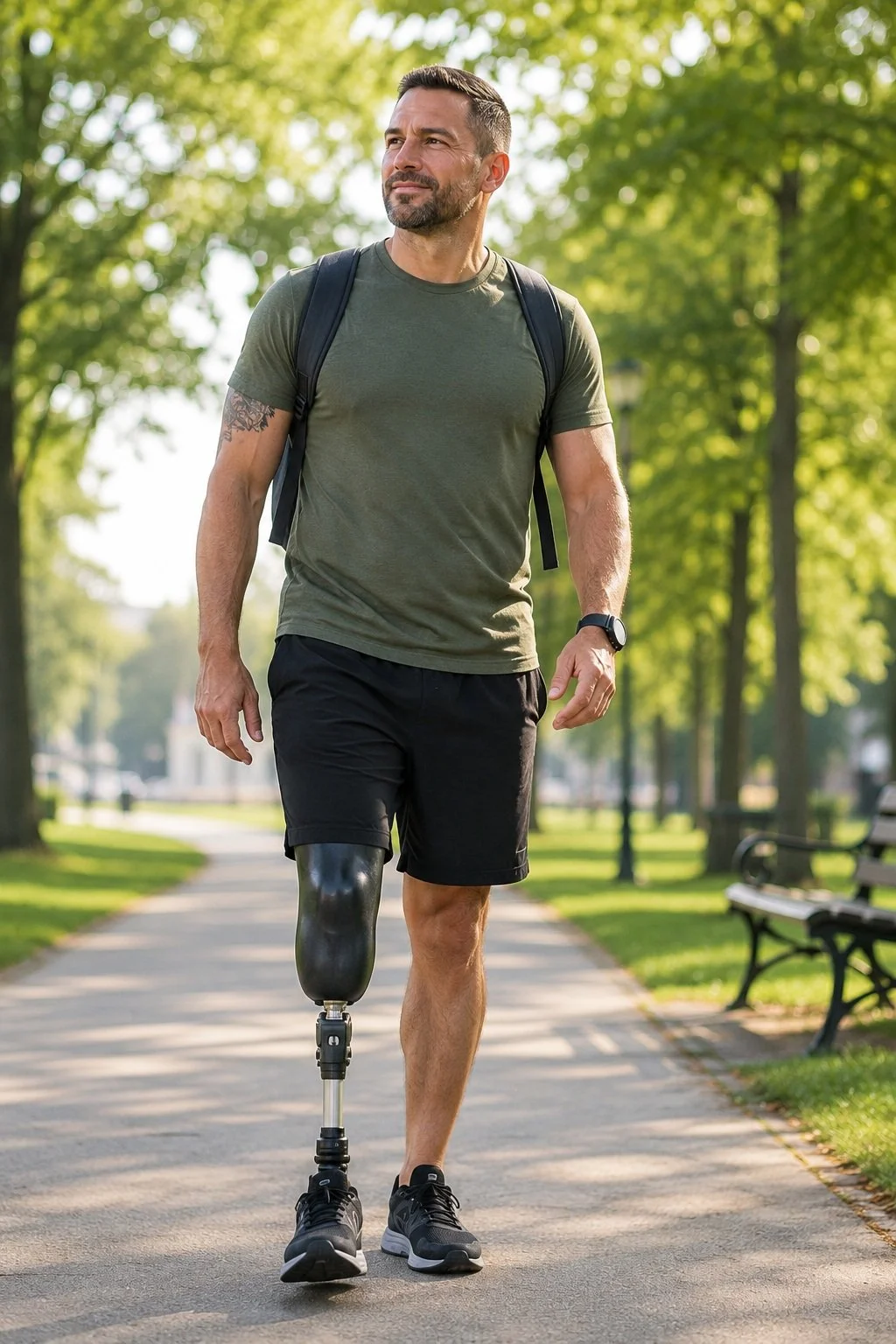 A man with a prosthetic leg walking in a park during daytime, wearing a green t-shirt, black shorts, sneakers, and a backpack.
