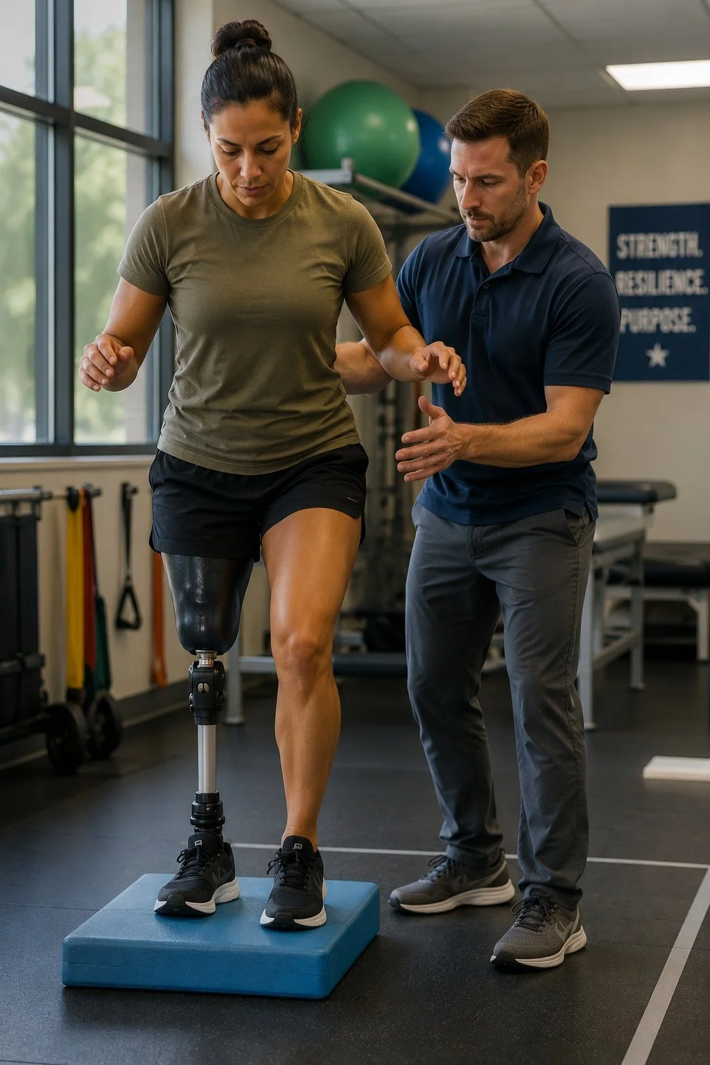 A woman with a prosthetic leg practicing walking with the assistance of a physical therapist in a rehabilitation gym.