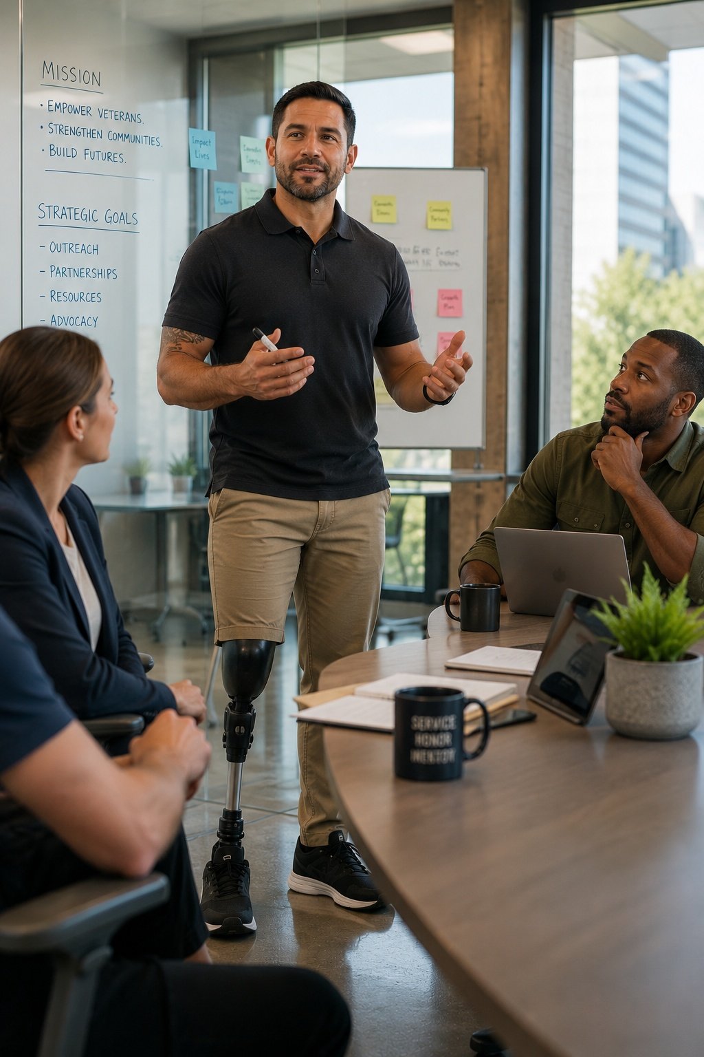 Man with a prosthetic leg giving a presentation to a group of colleagues in a conference room.