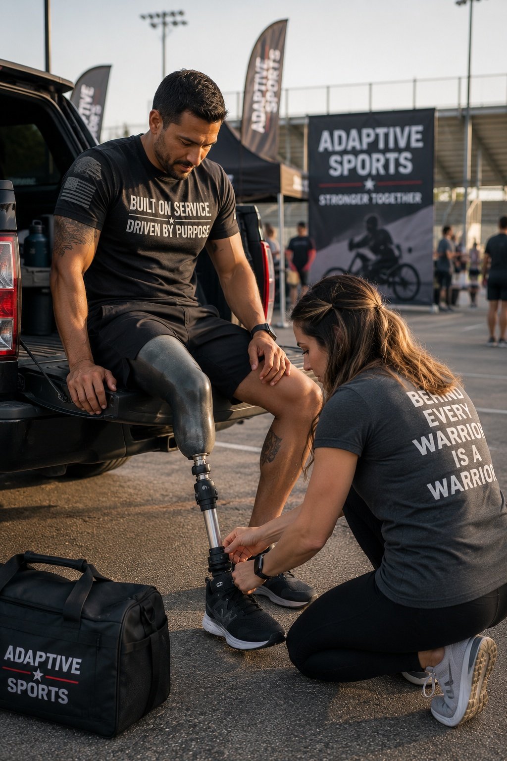 A man with a prosthetic leg sitting on the back of a truck while a woman helps him put on running shoes at an outdoor athletic event. There are banners and other people in the background.