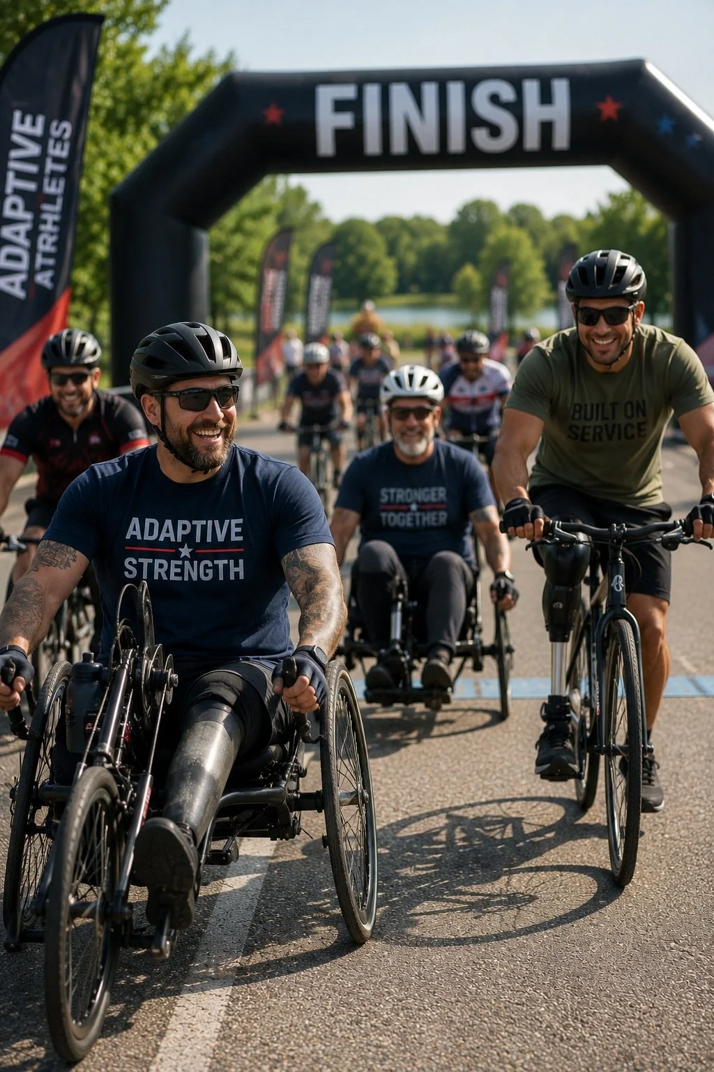 Group of smiling cyclists, some in wheelchairs, at the finish line of an outdoor event, with a large banner reading 'FINISH' and 'Adaptive Athletes' visible, in a park-like setting with trees and water in the background.