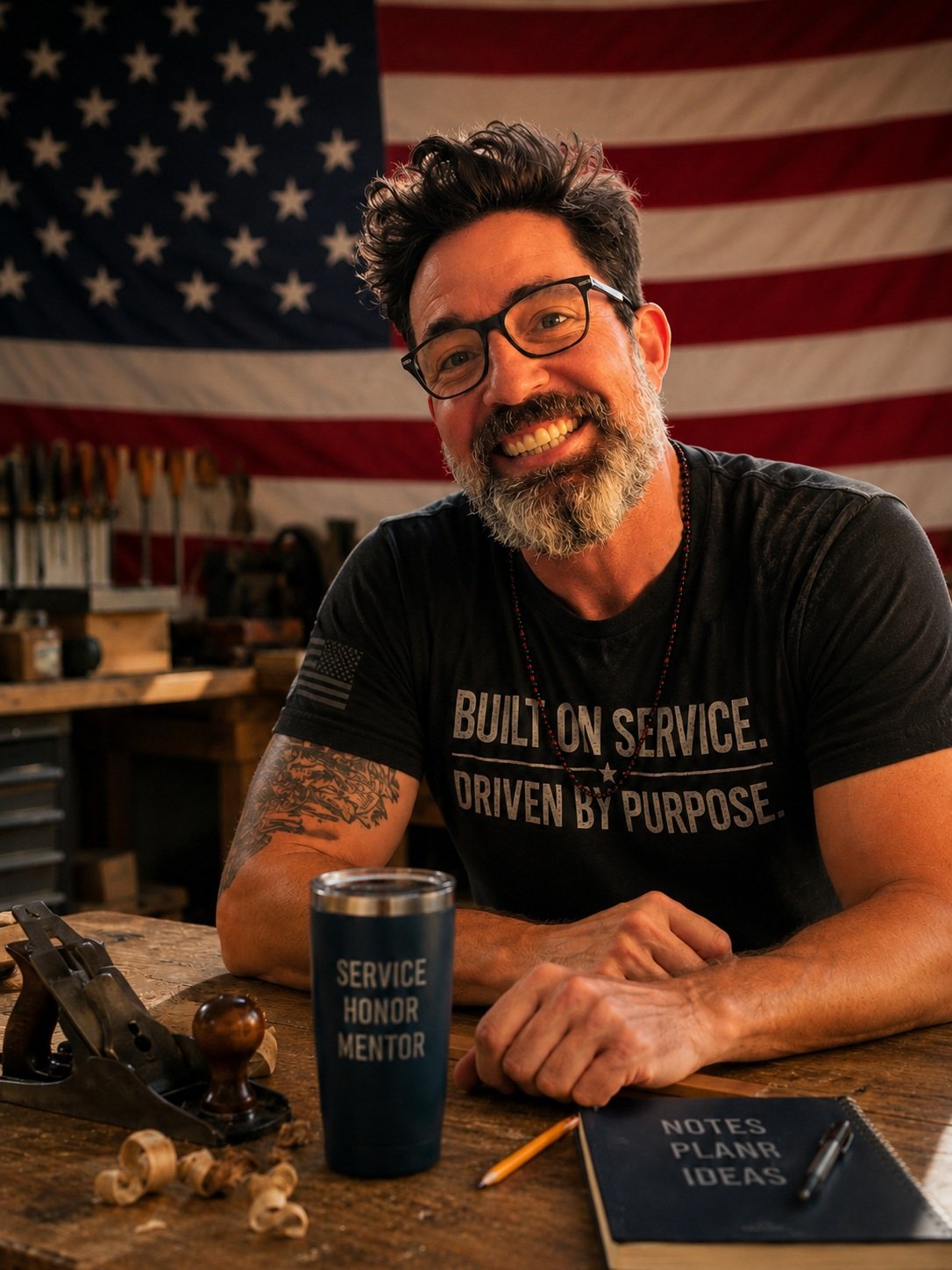 A smiling man with glasses, a beard, and tattoos on his arm, sitting at a wooden workbench with American flags in the background. On the table are a notebook, pen, and a tumbler with the words "Service Honor Mentor."