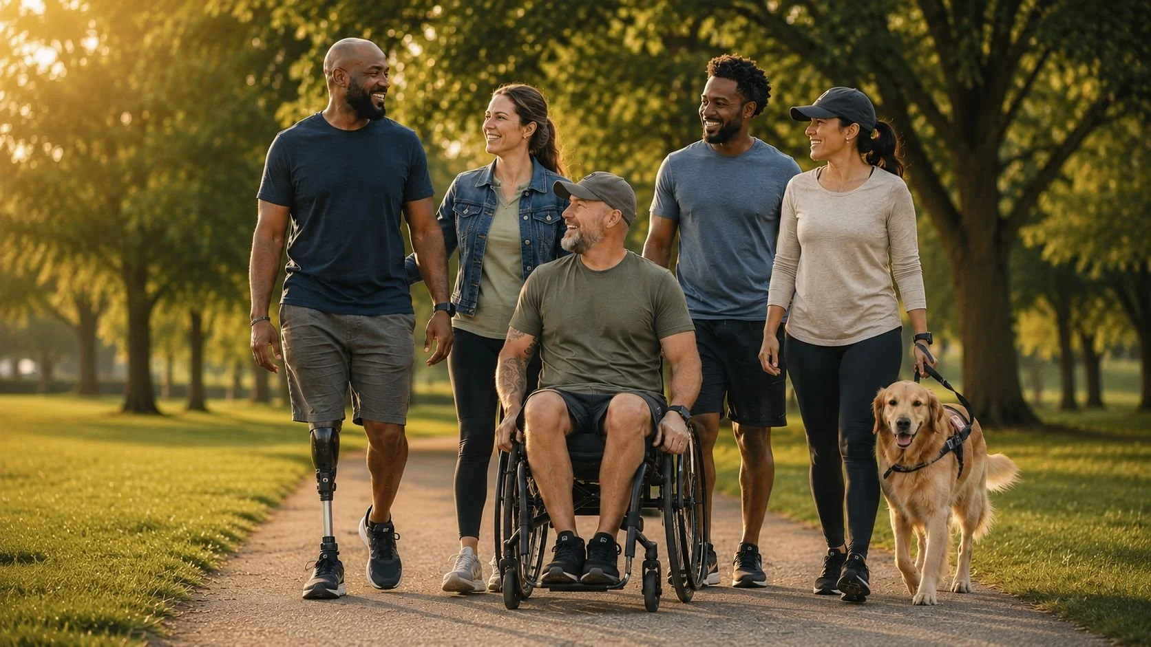 A diverse group of people, including a man with a prosthetic leg, a man in a wheelchair, and others with a dog, enjoying a walk in a park during golden hour, smiling and engaging in conversation.