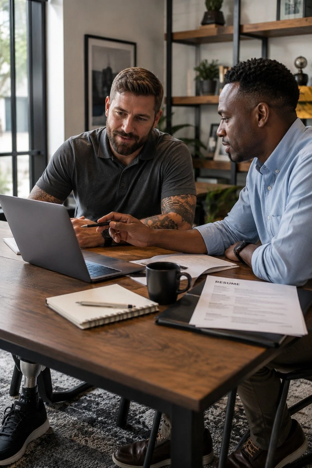 Two men sitting at a wooden table with a laptop, resume, notebook, and coffee mug, engaged in a discussion in a modern office.