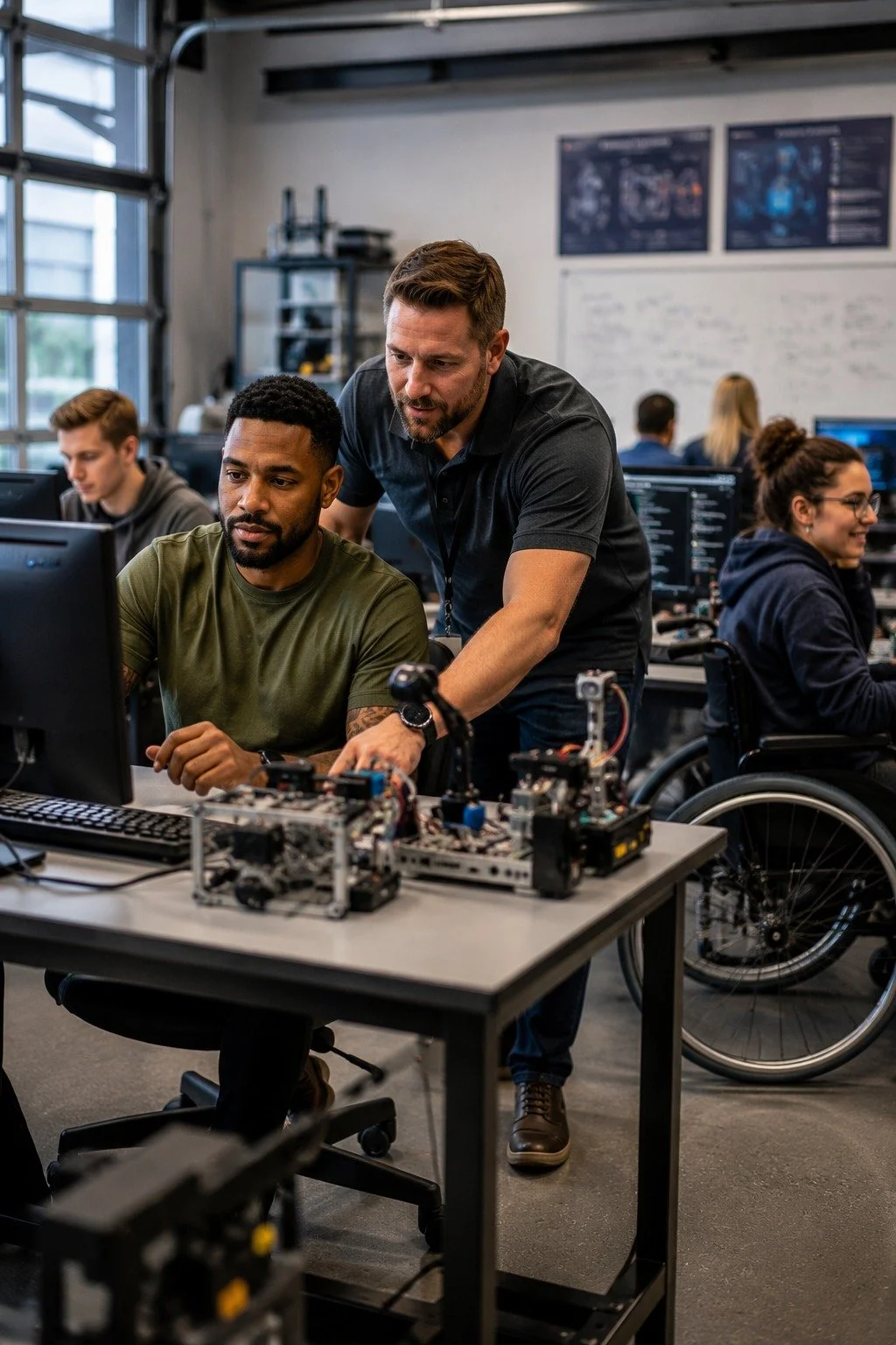 Instructor assisting a male student with a robot project in a computer lab, with other students working at computers in the background.