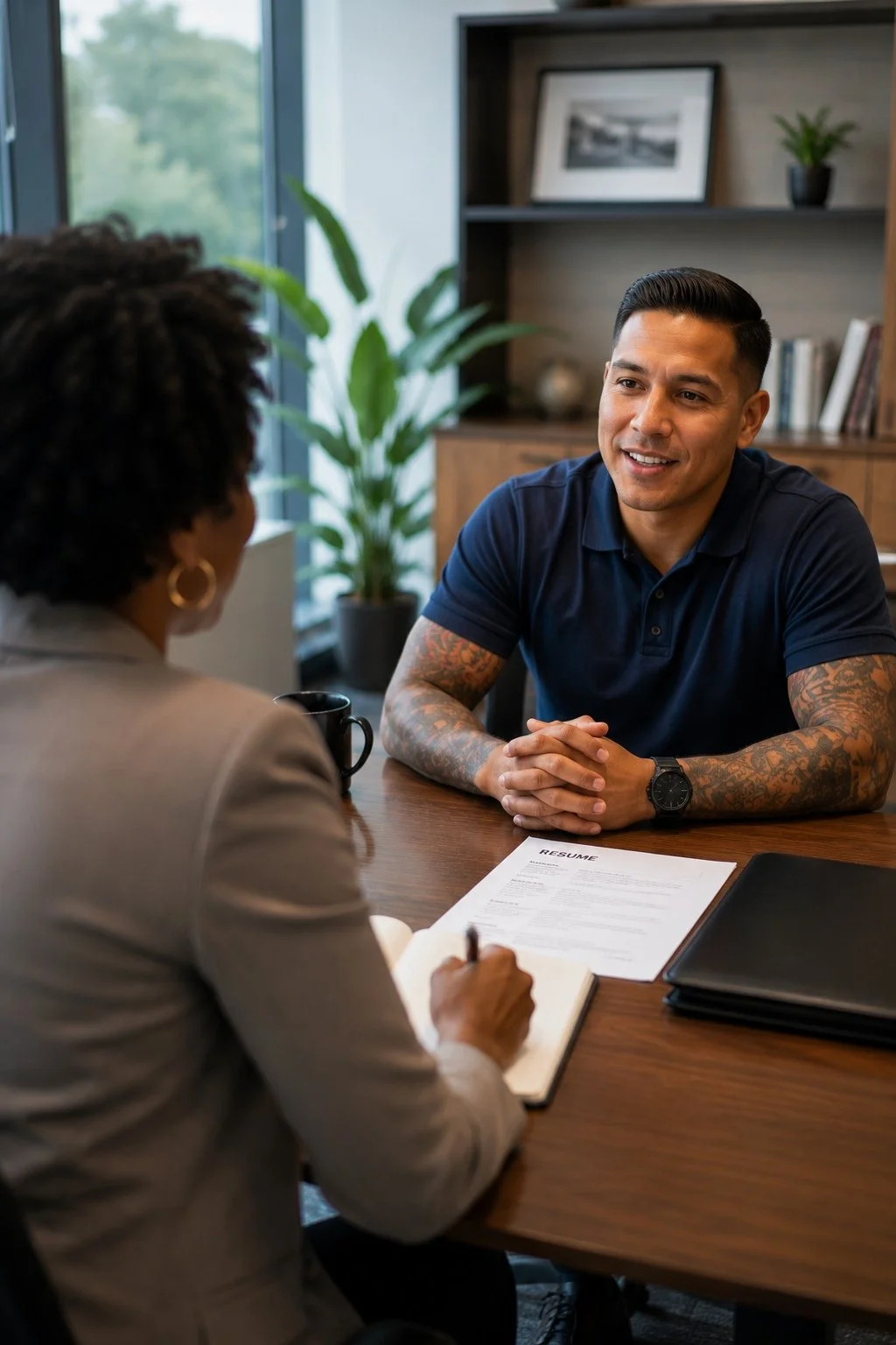 Job interview taking place at a modern office with a man in a navy polo shirt talking to a woman who is taking notes on a resume.