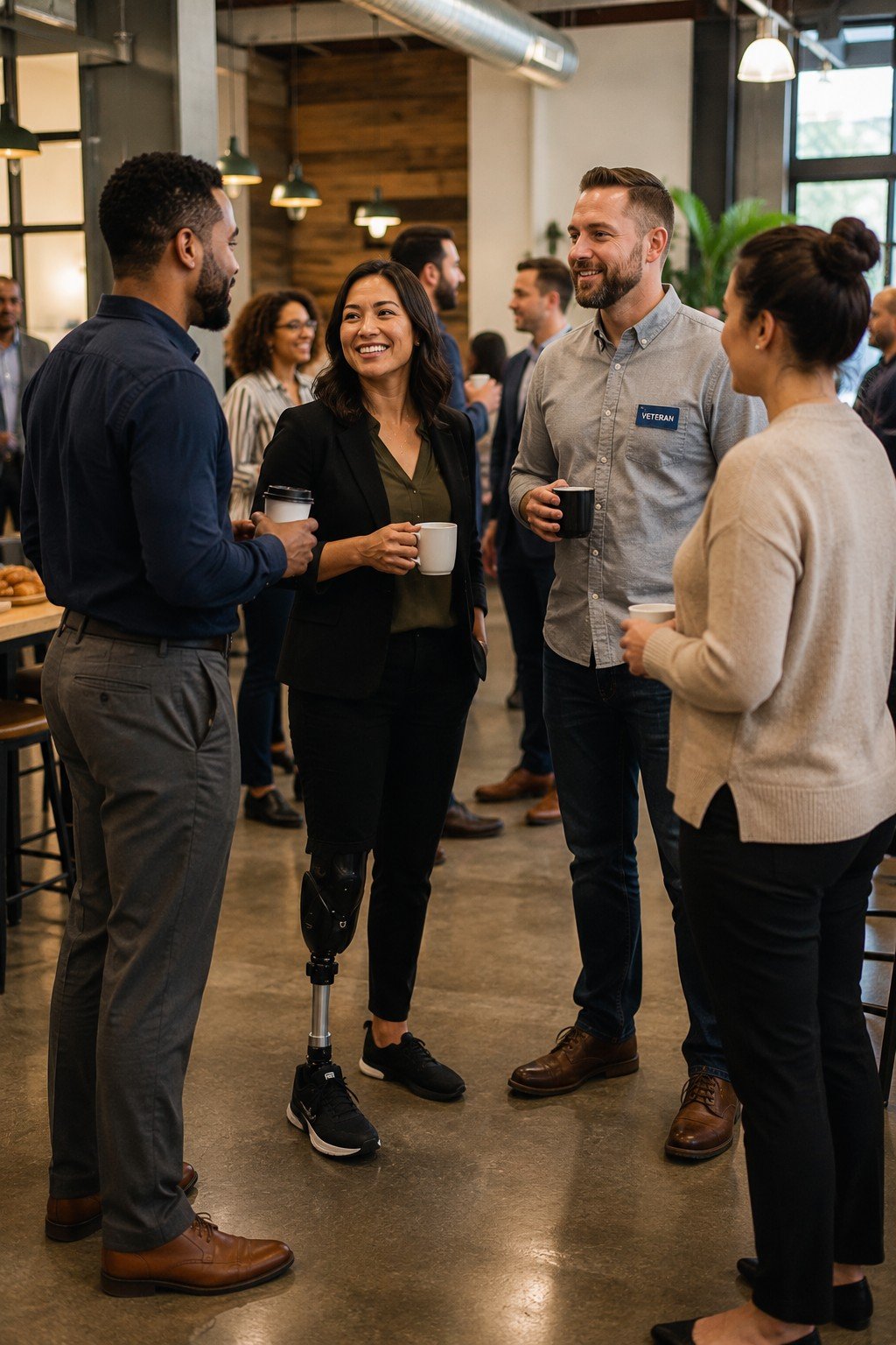 Four people engaged in conversation at a social gathering in a modern indoor space, with additional attendees in the background. The man on the right has a name tag labeled 'Veteran' and is holding a coffee mug, while the woman next to him and others also have cups. A woman with a prosthetic leg is smiling.