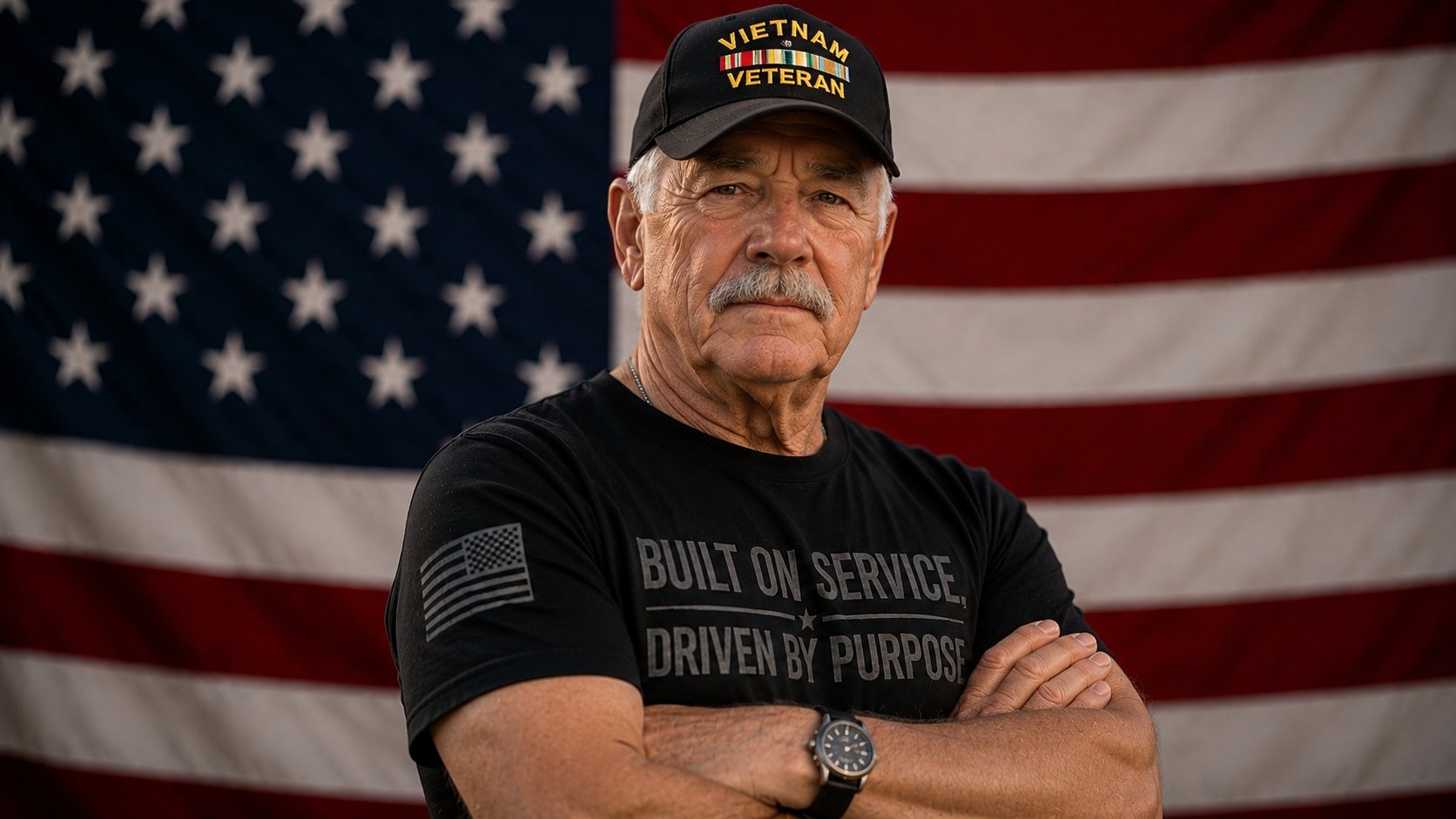 An elderly man wearing a black cap with "Vietnam Veteran" embroidered on it and a black t-shirt with the words "Built on Service, Driven by Purpose" stands with arms crossed in front of an American flag.