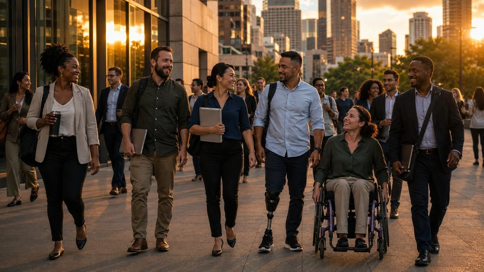 A diverse group of people, including men and women of various ethnicities, walking together outdoors in an urban setting during sunset. One woman is in a wheelchair, and some individuals are carrying laptops and folders, all smiling and engaged in conversation.